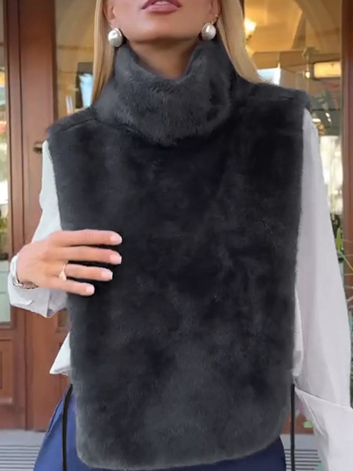 Plush turtleneck vest, charcoal collar front