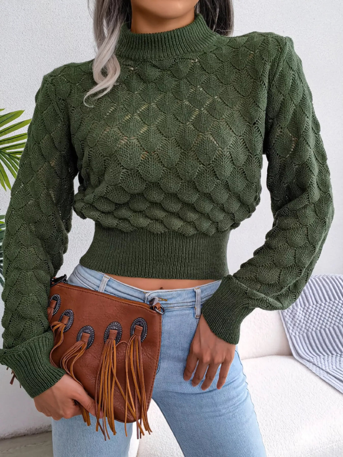 Mock Neck Textured Cropped Sweater in green, front view
