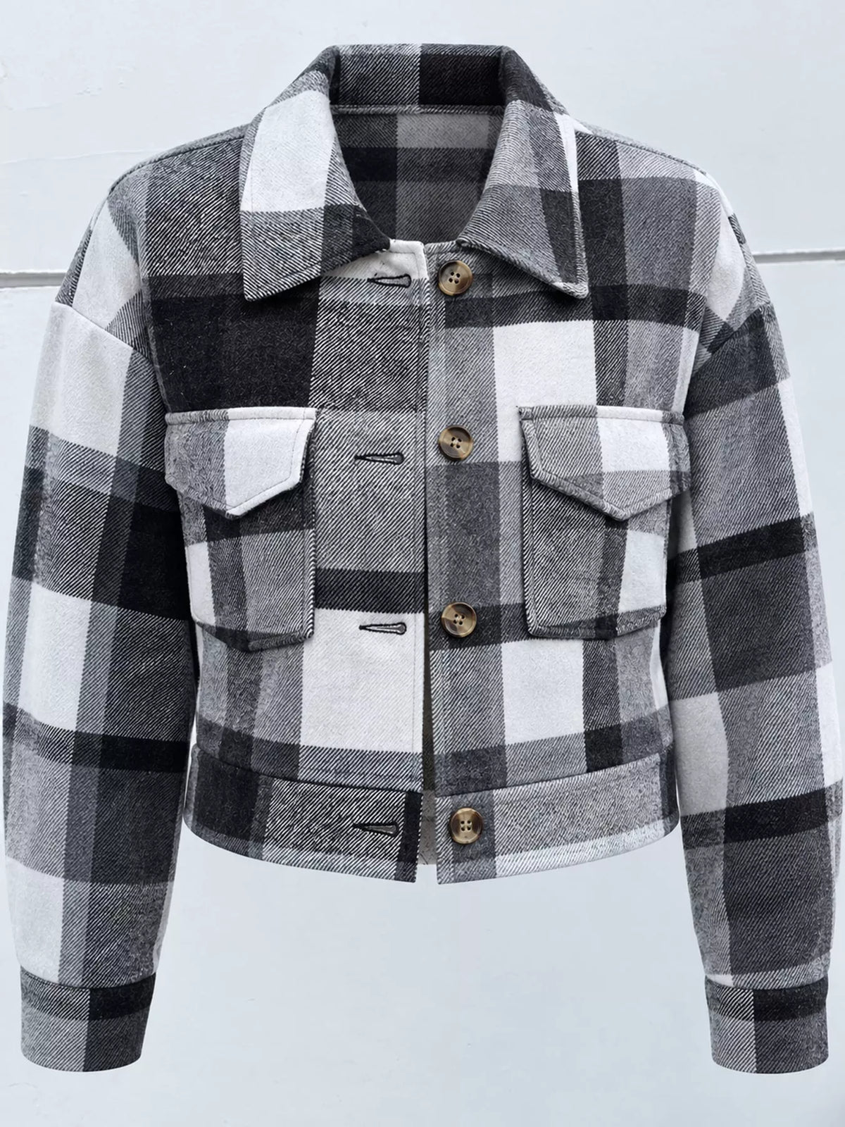 Plaid cropped jacket, gray plaid pocket detail