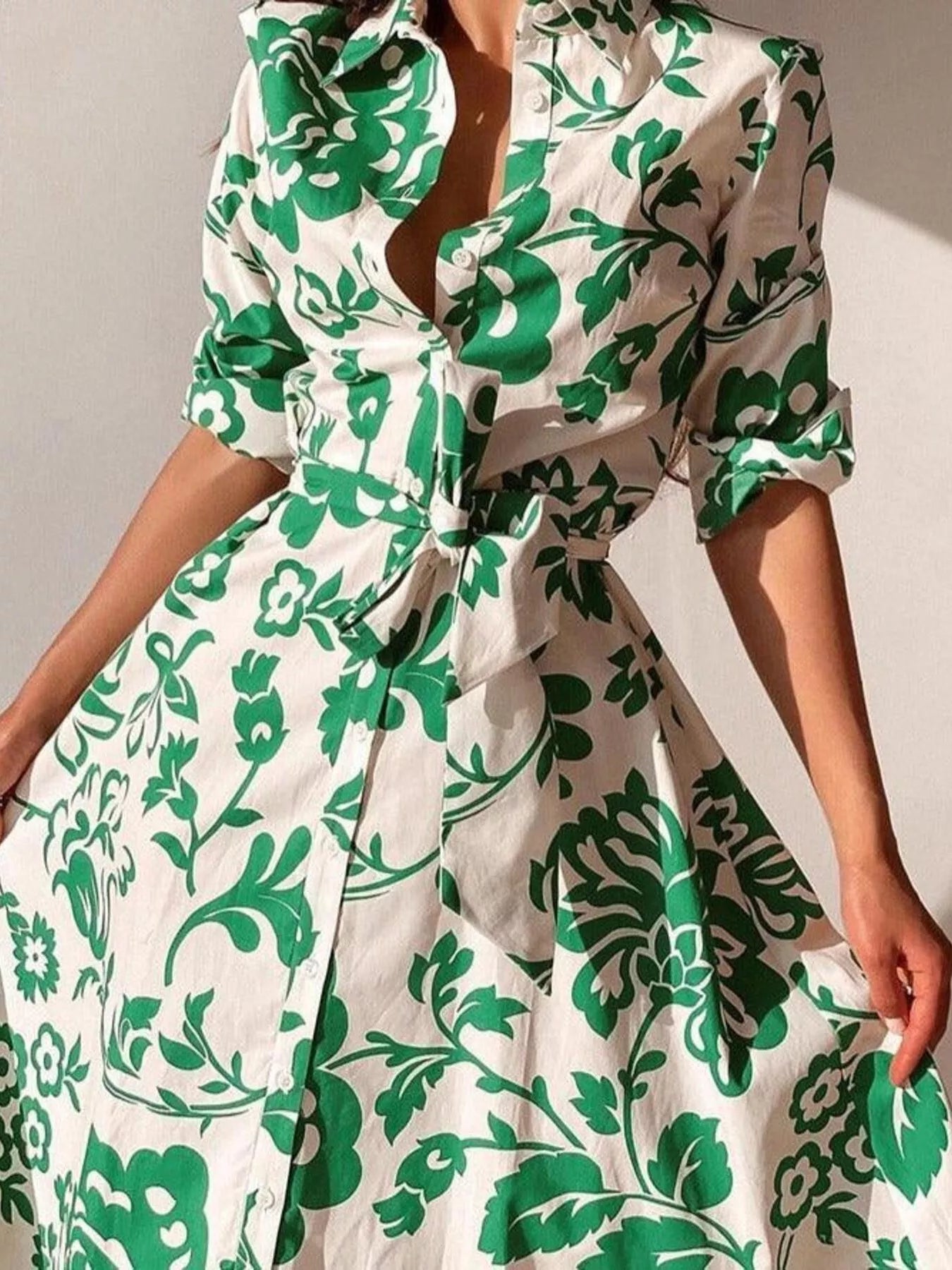 Trendsi Elegant Floral Print Shirt Dress with Belt -