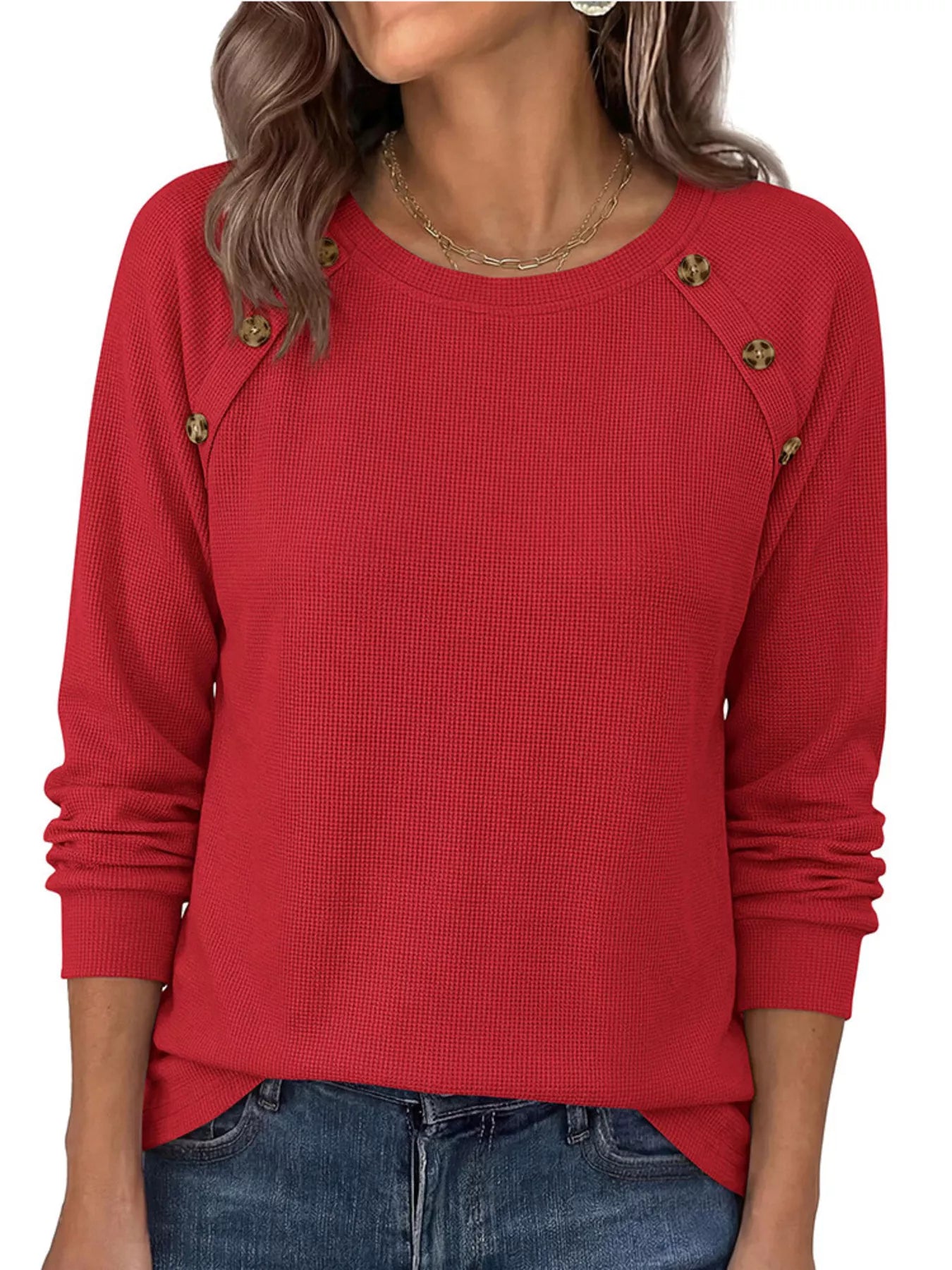Trendsi Decorative Button Waffle Knit Long Sleeve T-Shirt -