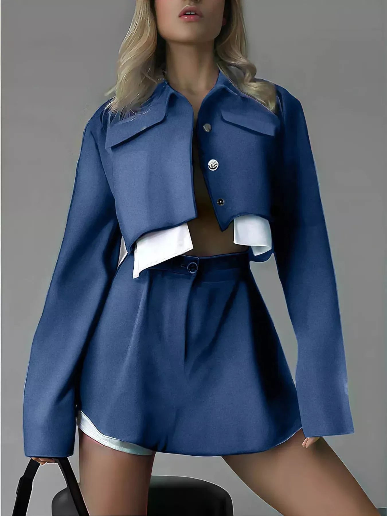 Trendsi Button Up Cropped Jacket and Mini Skirt Set -