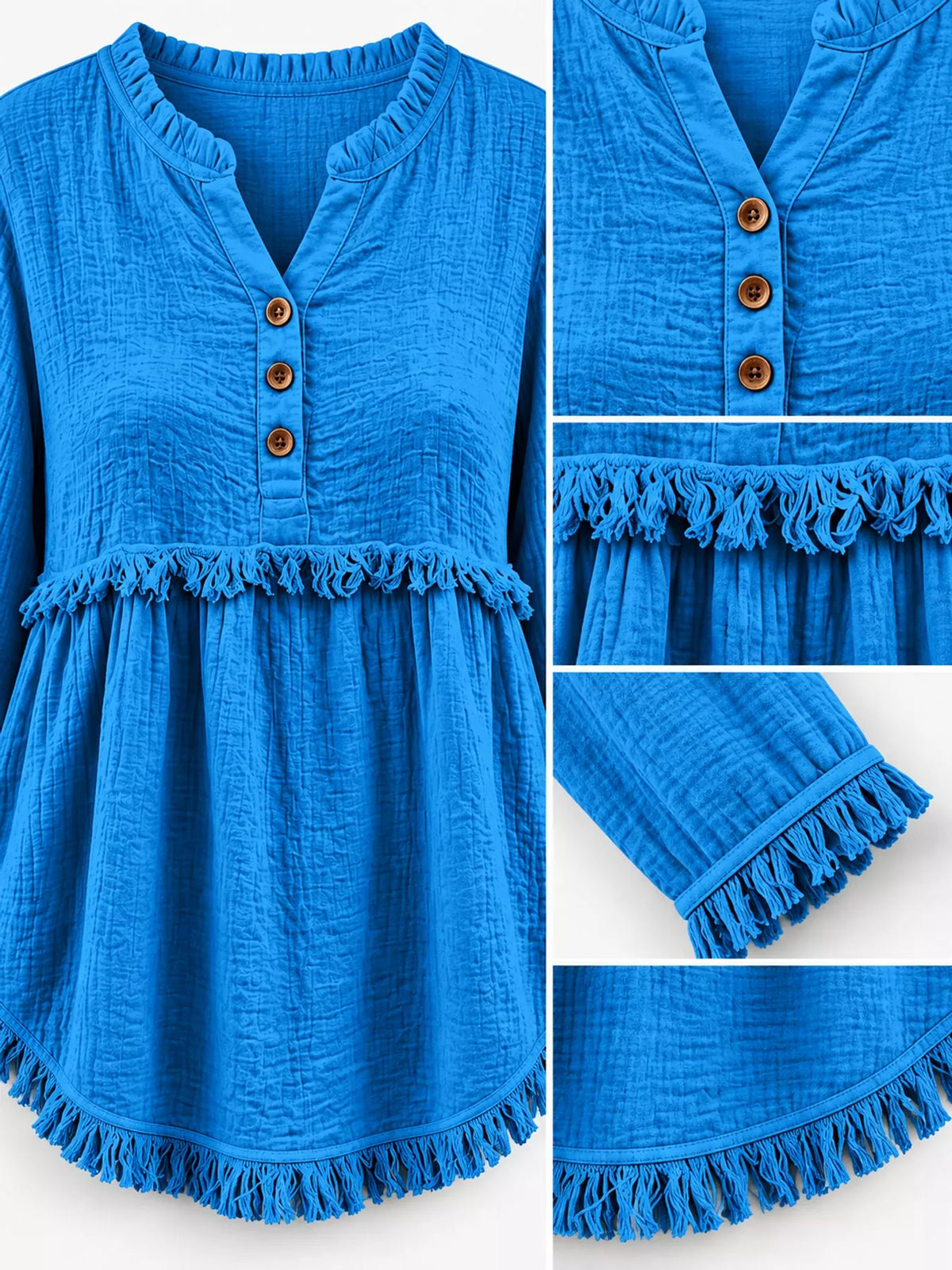 Frayed-hem blouse, blue button and fringed trim details