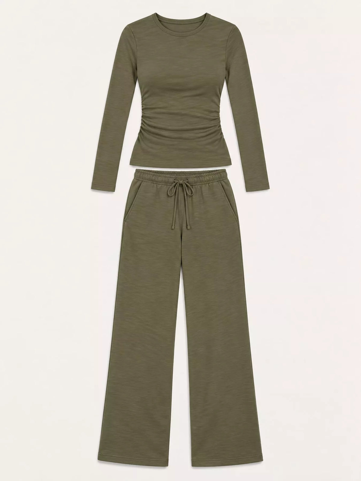 Long Sleeve Ruched Top and Wide-Leg Drawstring Pants Set — garment front