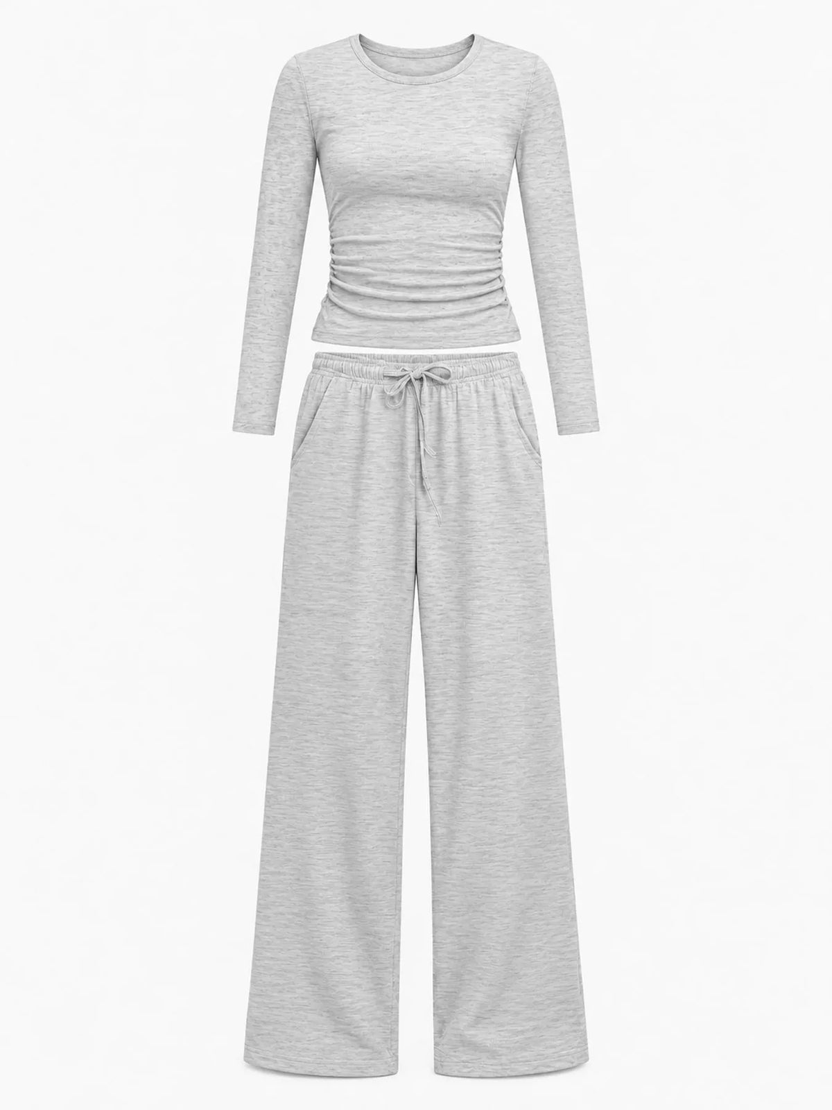 Long Sleeve Top and Wide-Leg Drawstring Pants Set — garment front