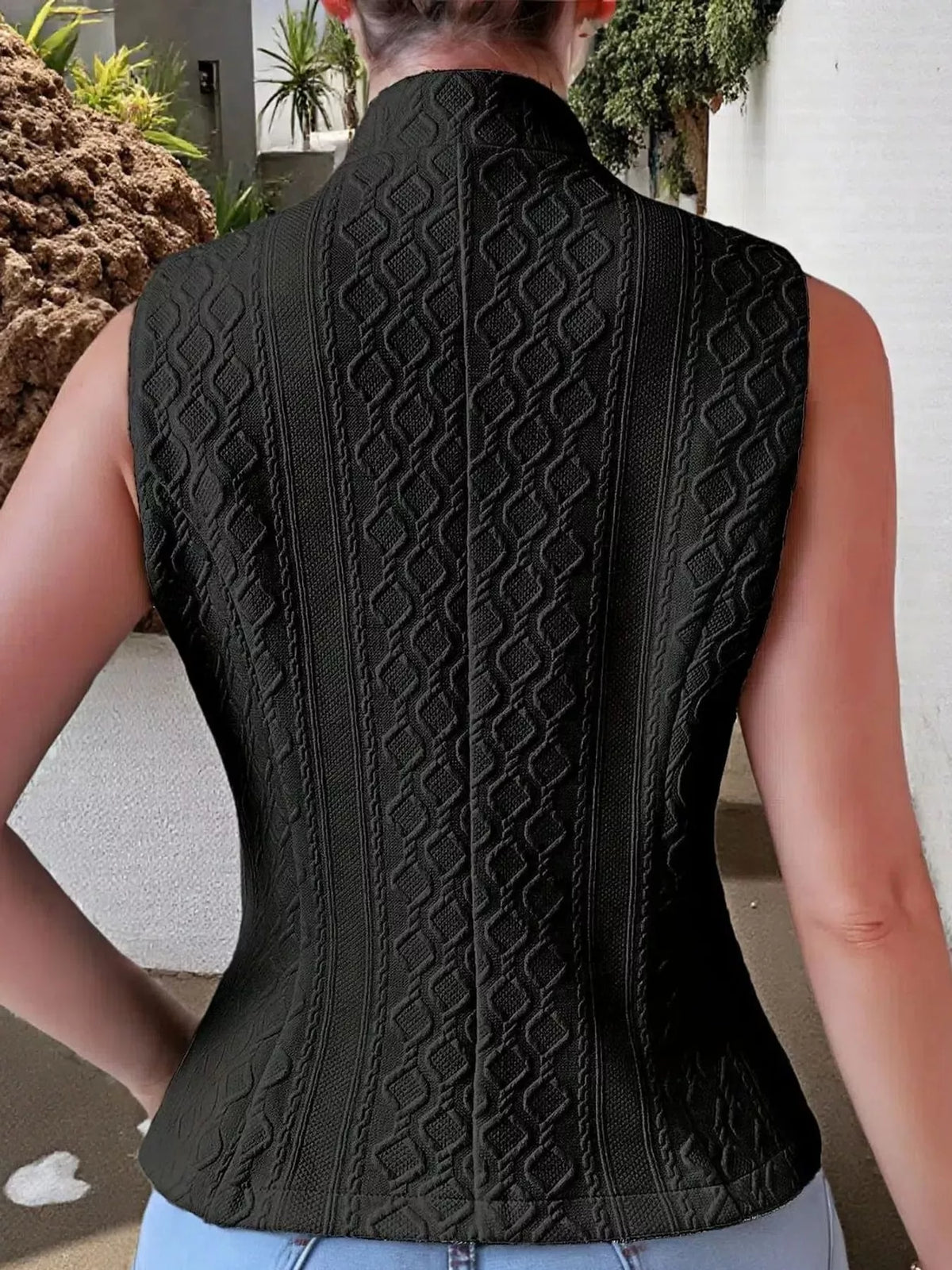 Textured Button-Down Vest in black, back view