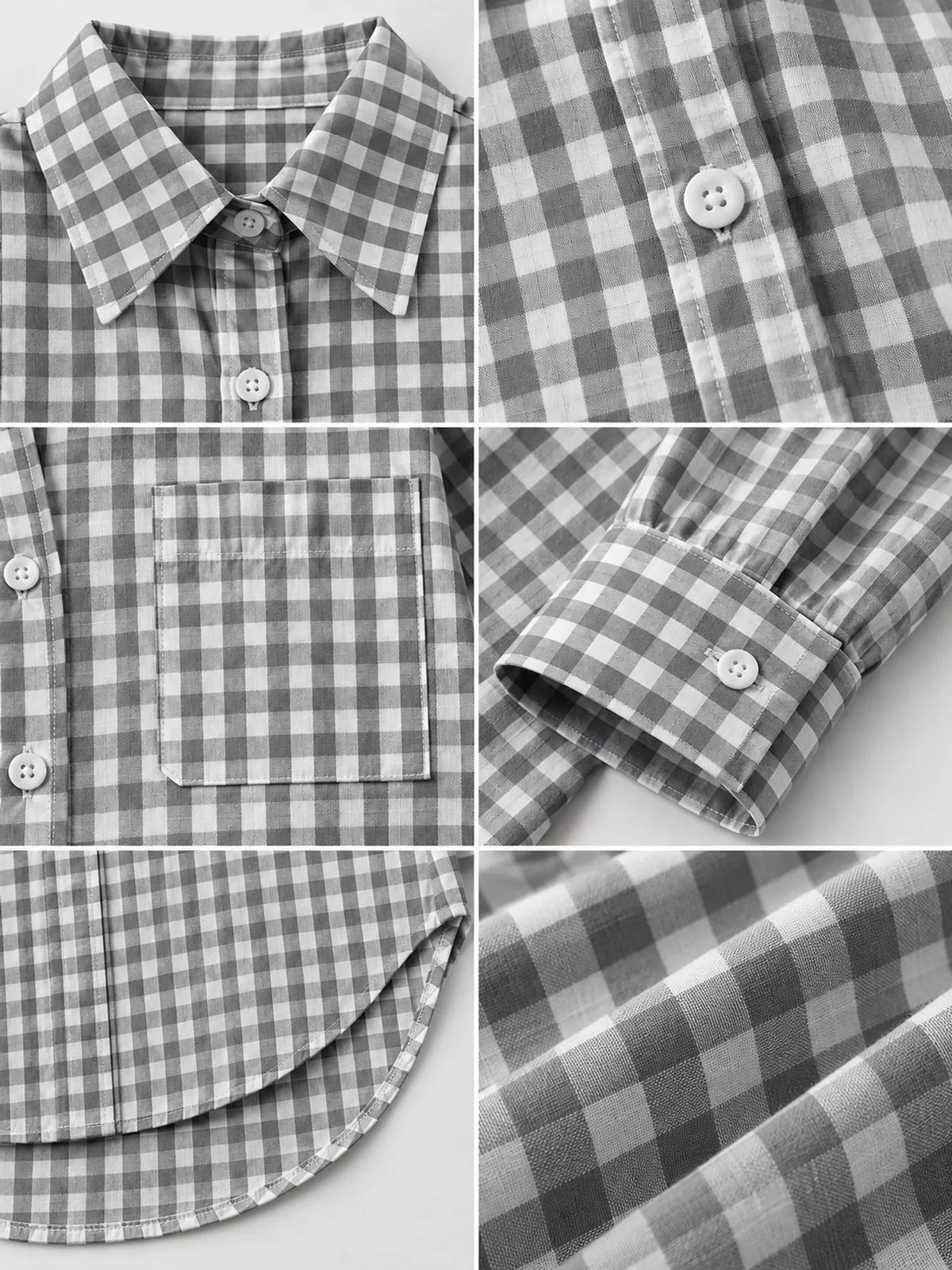 Gray and white plaid button-down shirt, collar, buttons, chest pocket, cuff, and curved hem close-ups