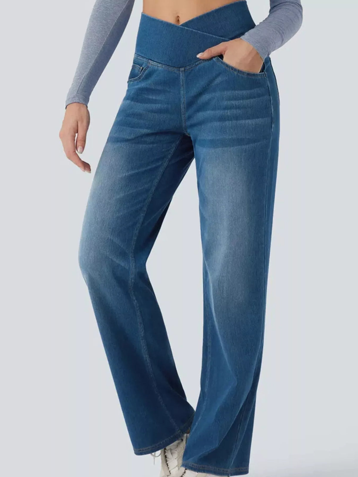High-Waisted Crossover Straight-Leg Jeans, front view