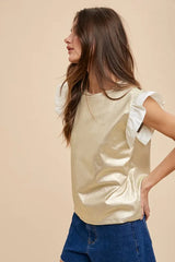 Trendsi Annie Wear Mix Media Metallic Knit Ruffle Sleeve Top - Shirts