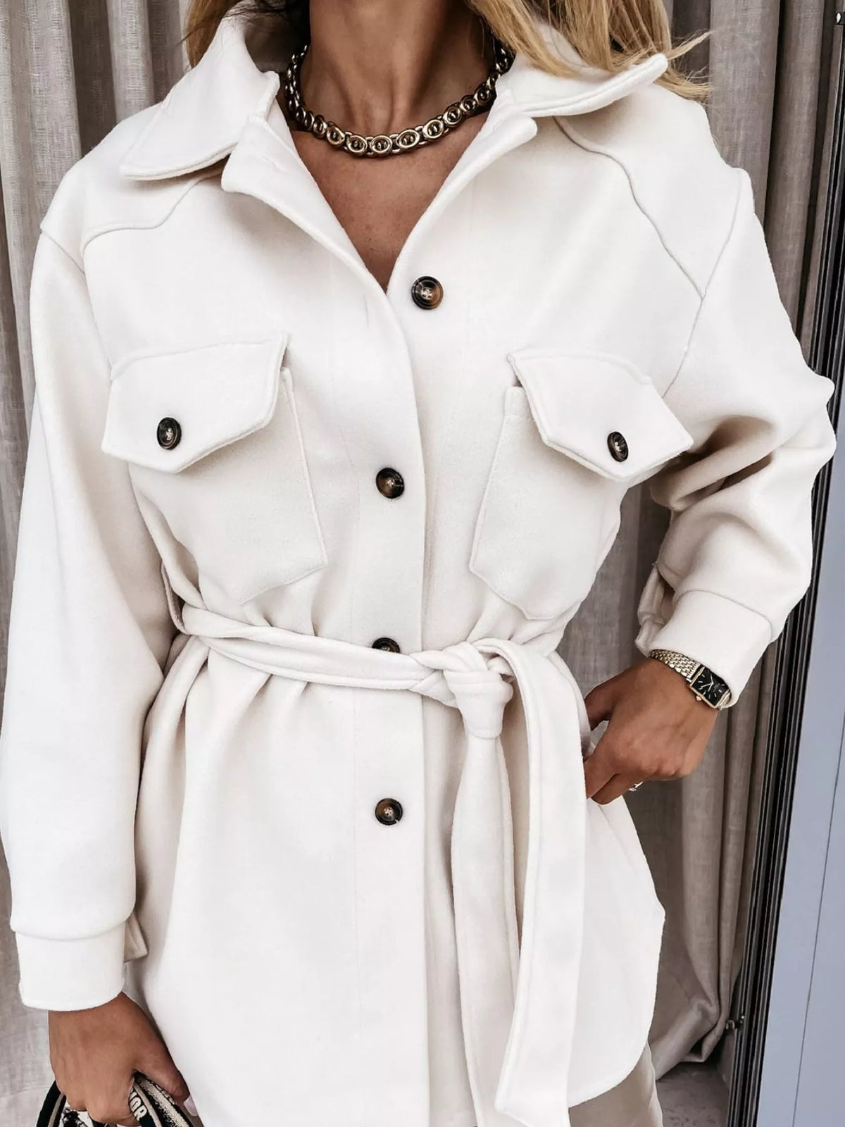 Belted Button-Down Shirt Jacket — front view