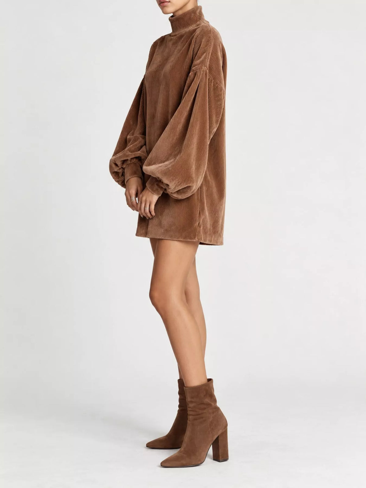 Brown corduroy mock neck lantern sleeve mini dress