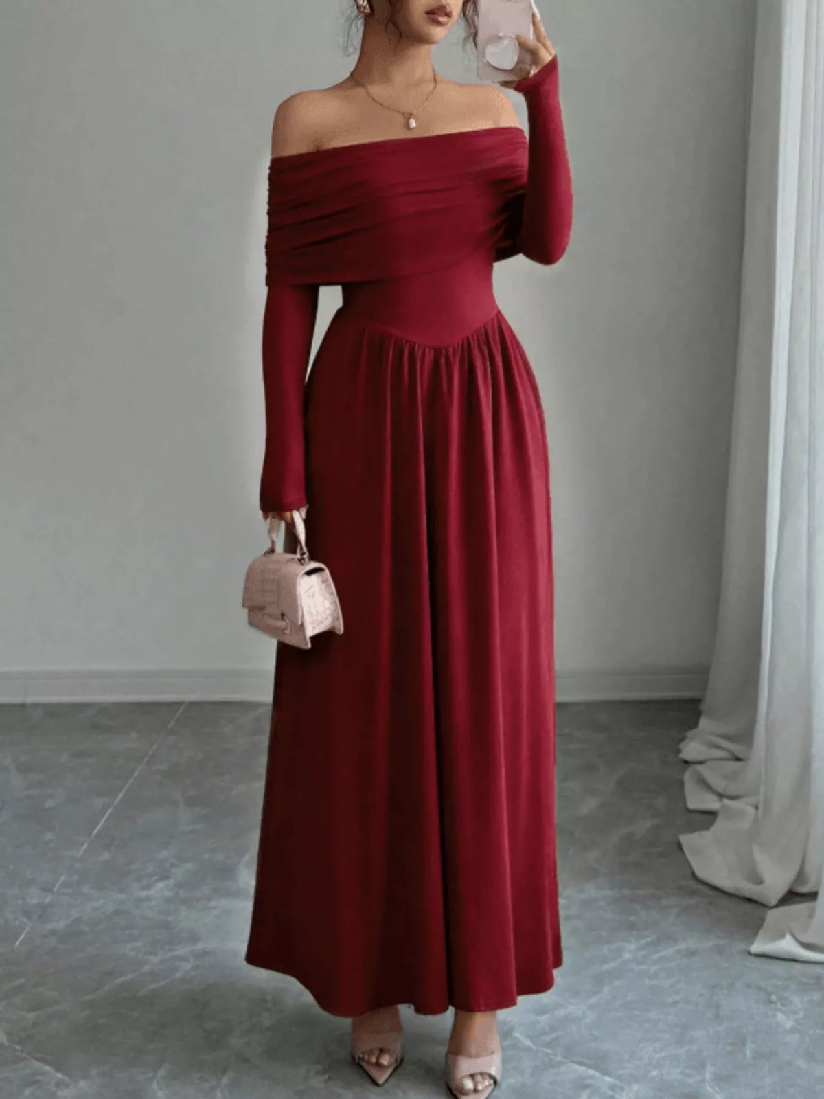 Off-shoulder long sleeve maxi dress