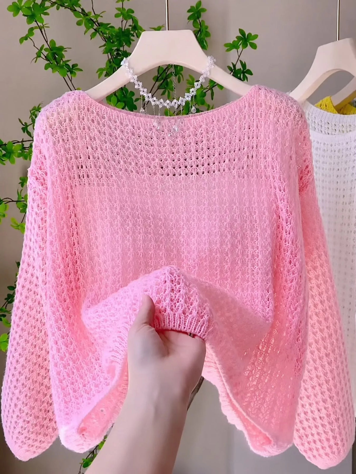 Pink openwork knit cover-up top