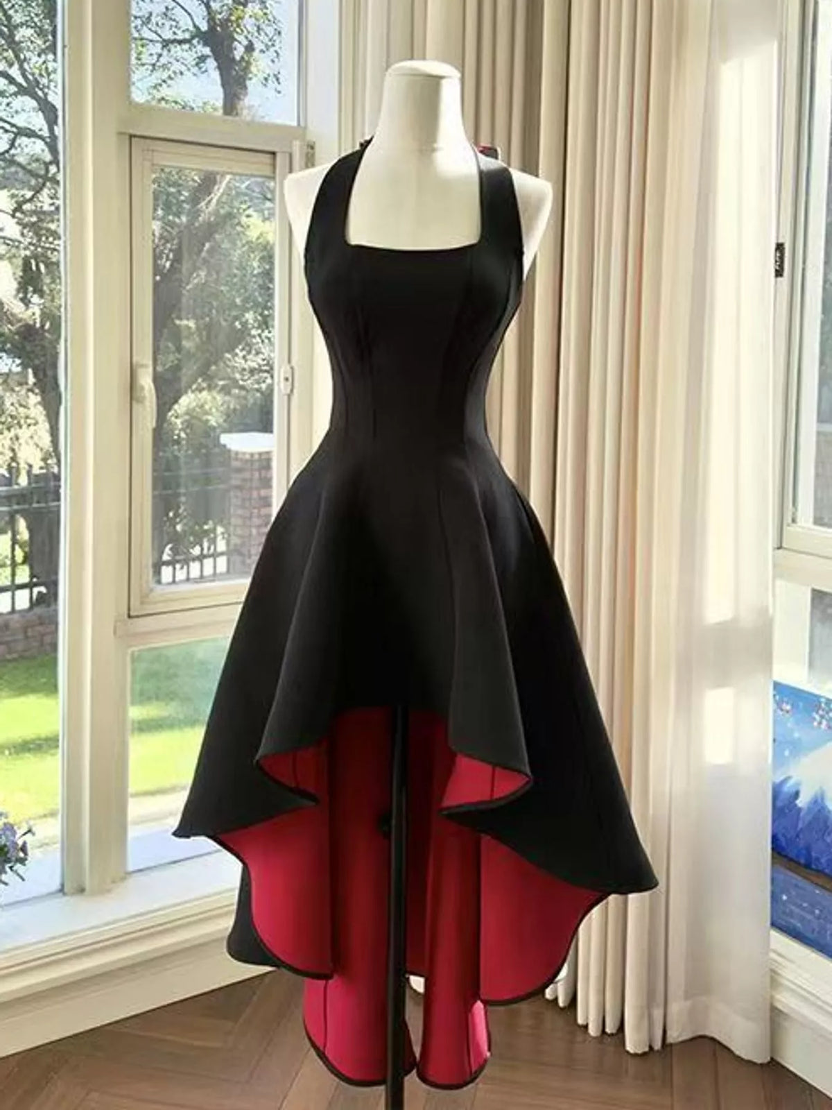 High-Low Halter Neck Evening Dress in black