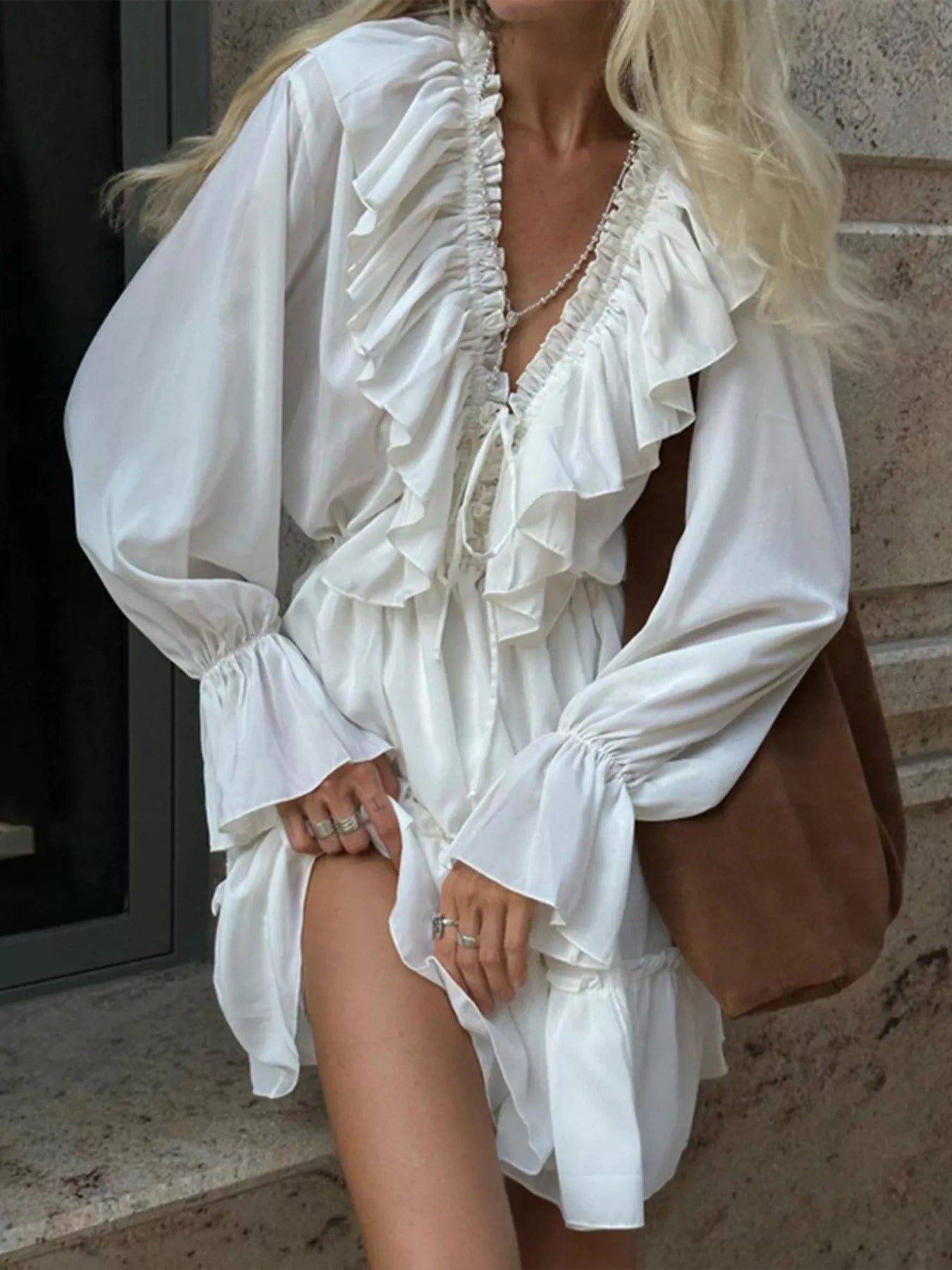 Trendsi Ruffled V-Neck Long Sleeve Mini Dress -