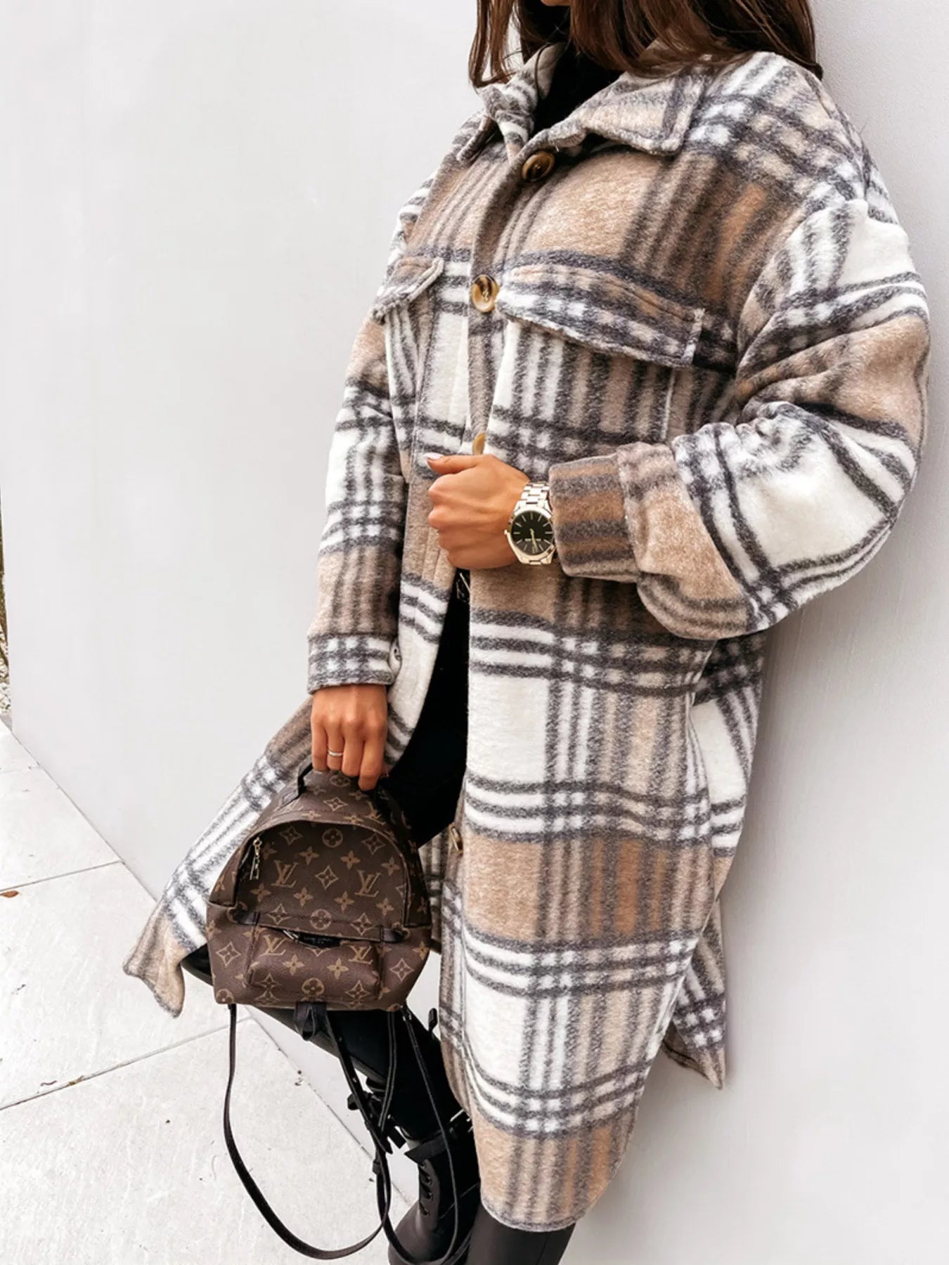 Trendsi Longline Plaid Button Up Coat -