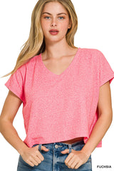 Trendsi Zenana Soft Melange V-neck Drop Shoulder Cropped Top -
