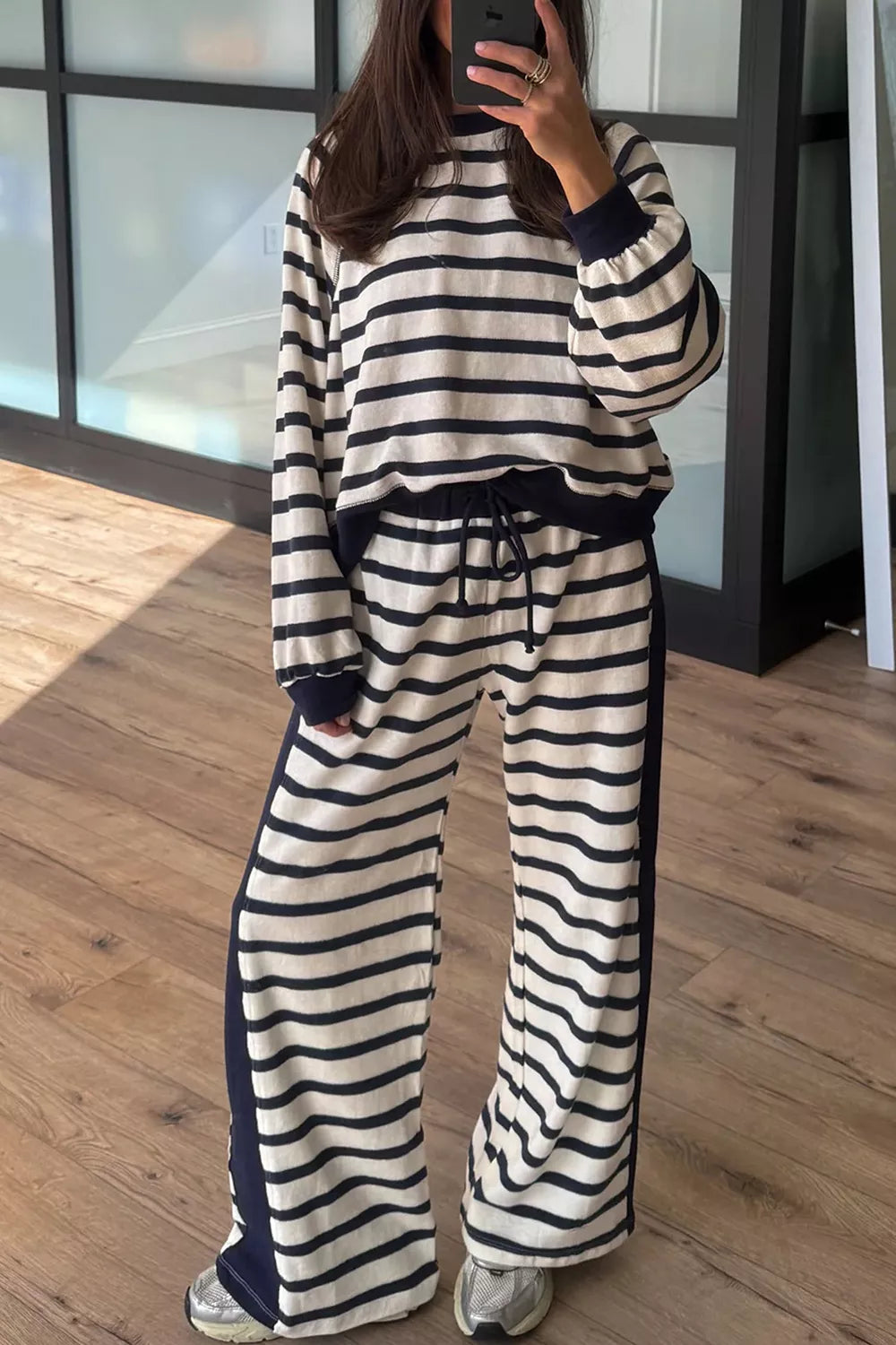 Trendsi Stripe Relaxed Long Sleeve Top Color Block Detail Drawstring Pant Set -