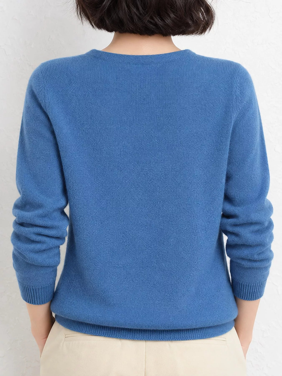 Dusty Blue v-neck long sleeve knit top, back view