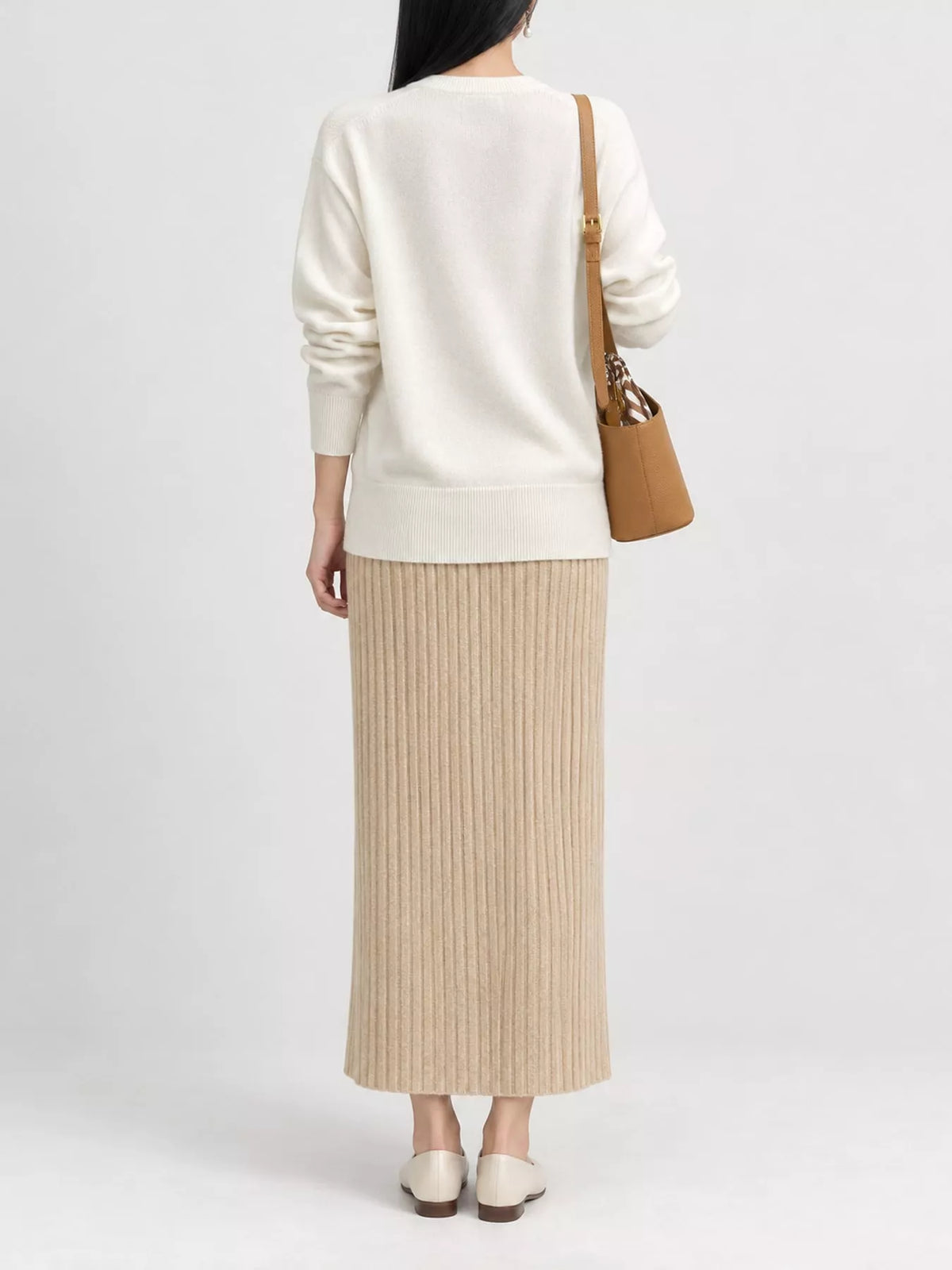 Cream wrap-front sweater, back view