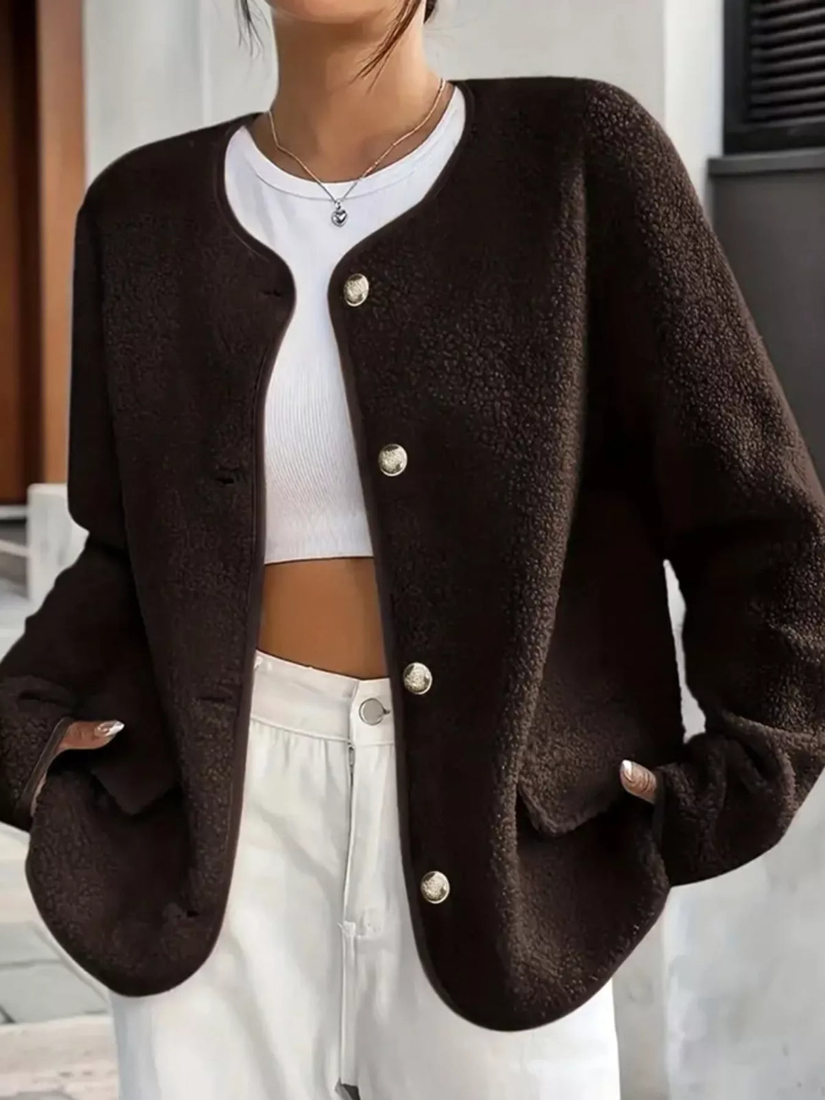 Brown textured button-front jacket — front view