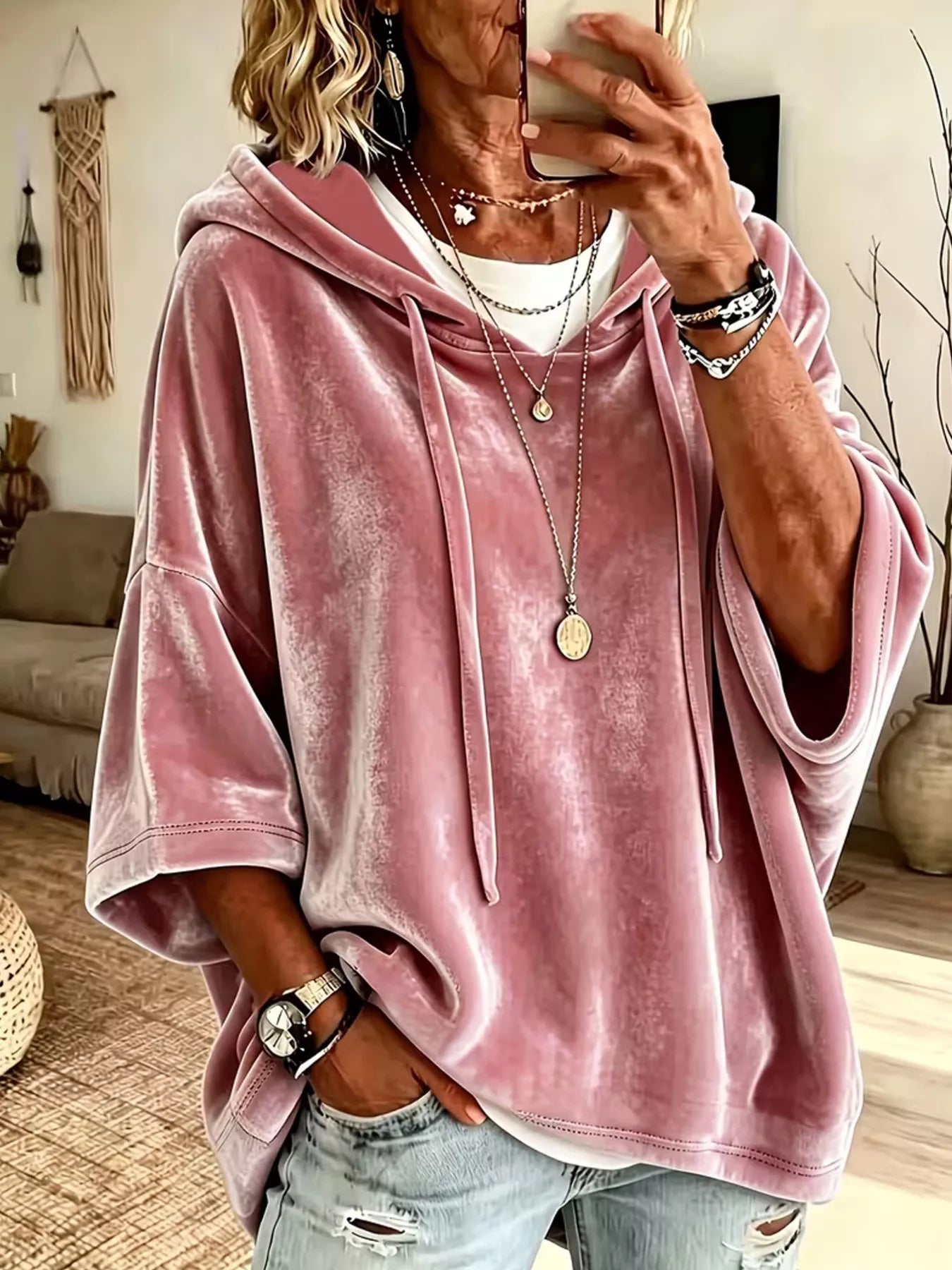 Trendsi Velvet Loose Fit Hoodie with Drawstring -