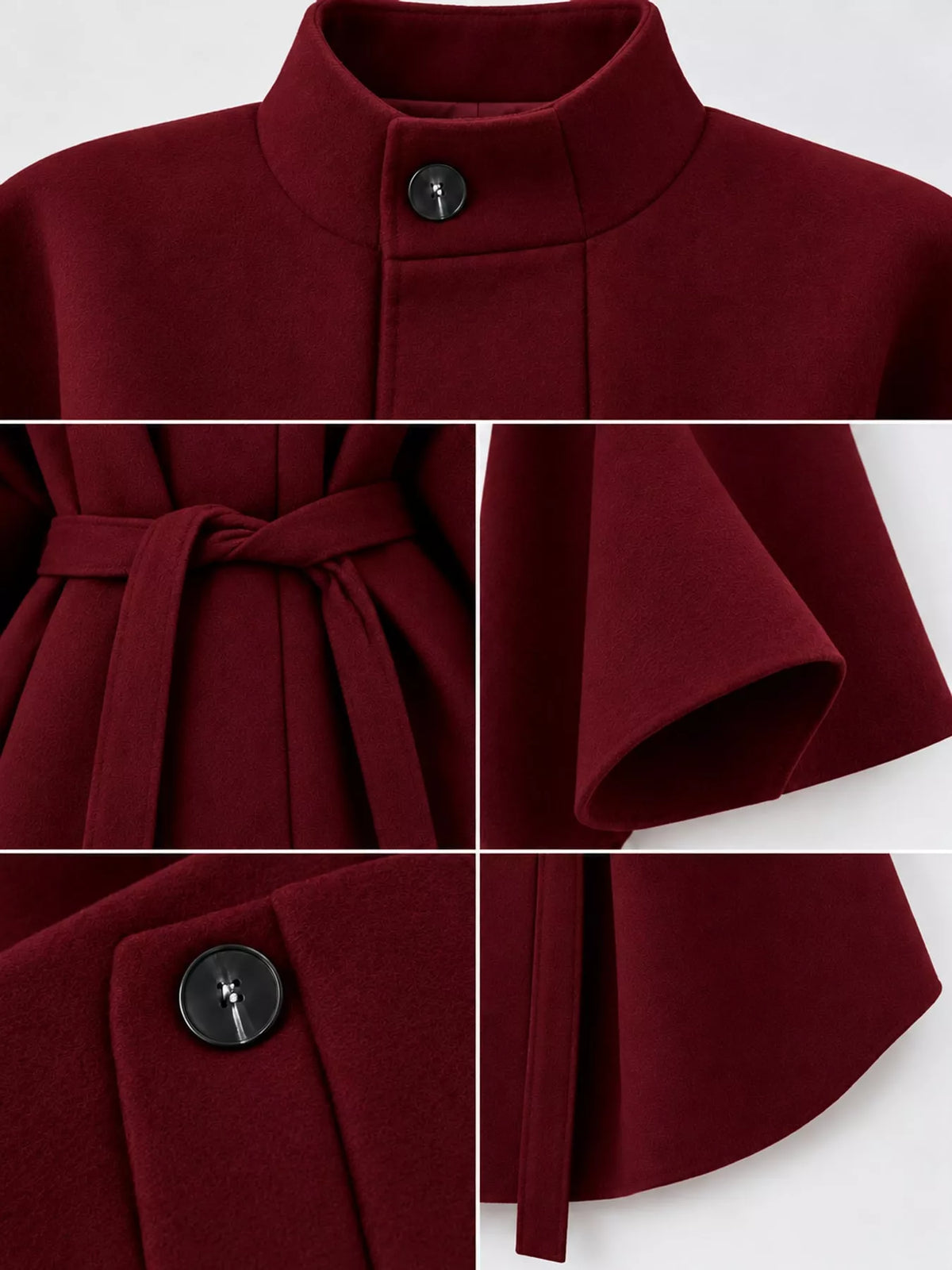 Burgundy tie-waist cape — design and construction details