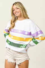Trendsi BiBi Sequin Mardi Gras Striped Round Neck Sweatshirt -