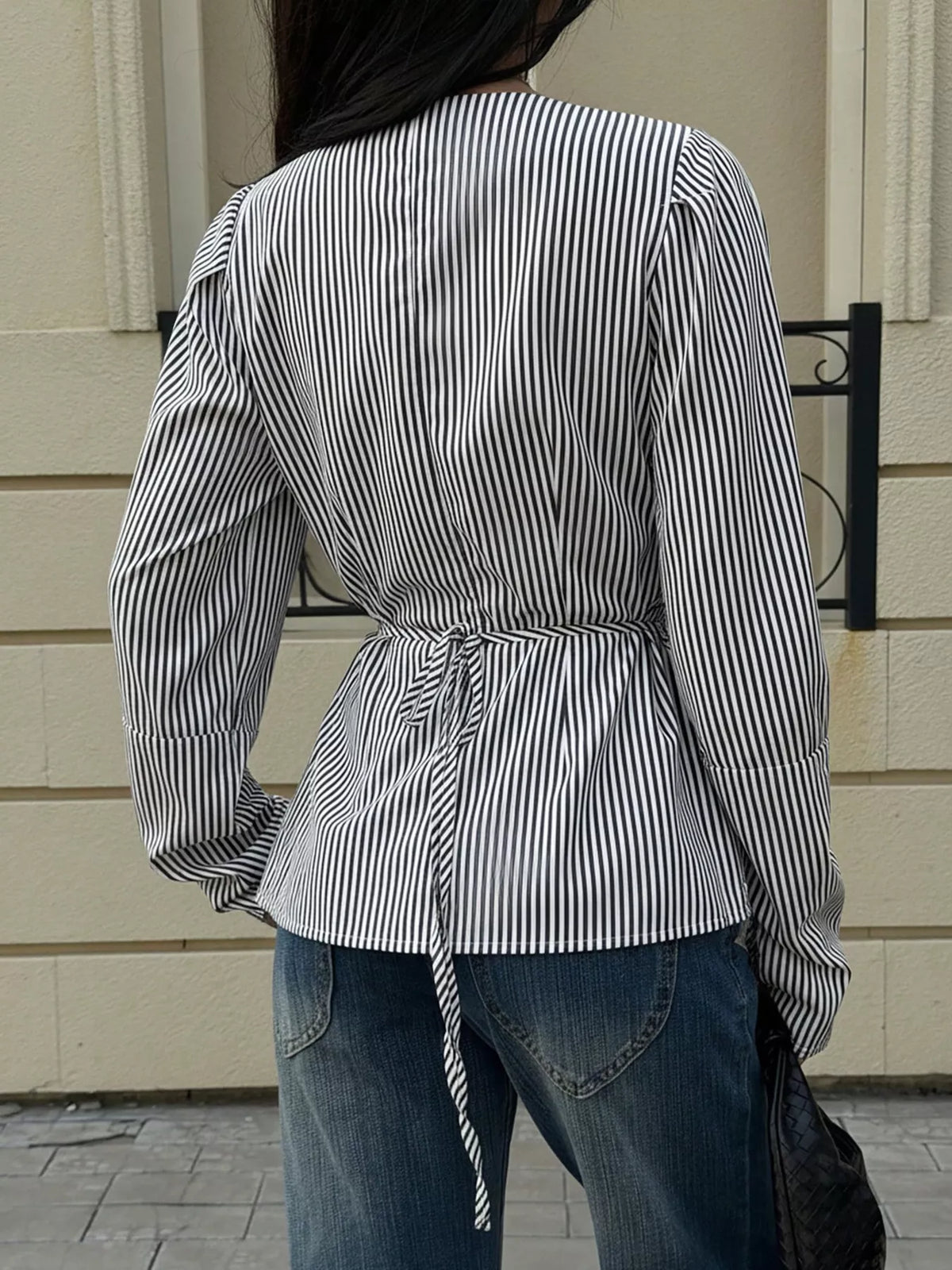 V-neck long sleeve blouse, back view