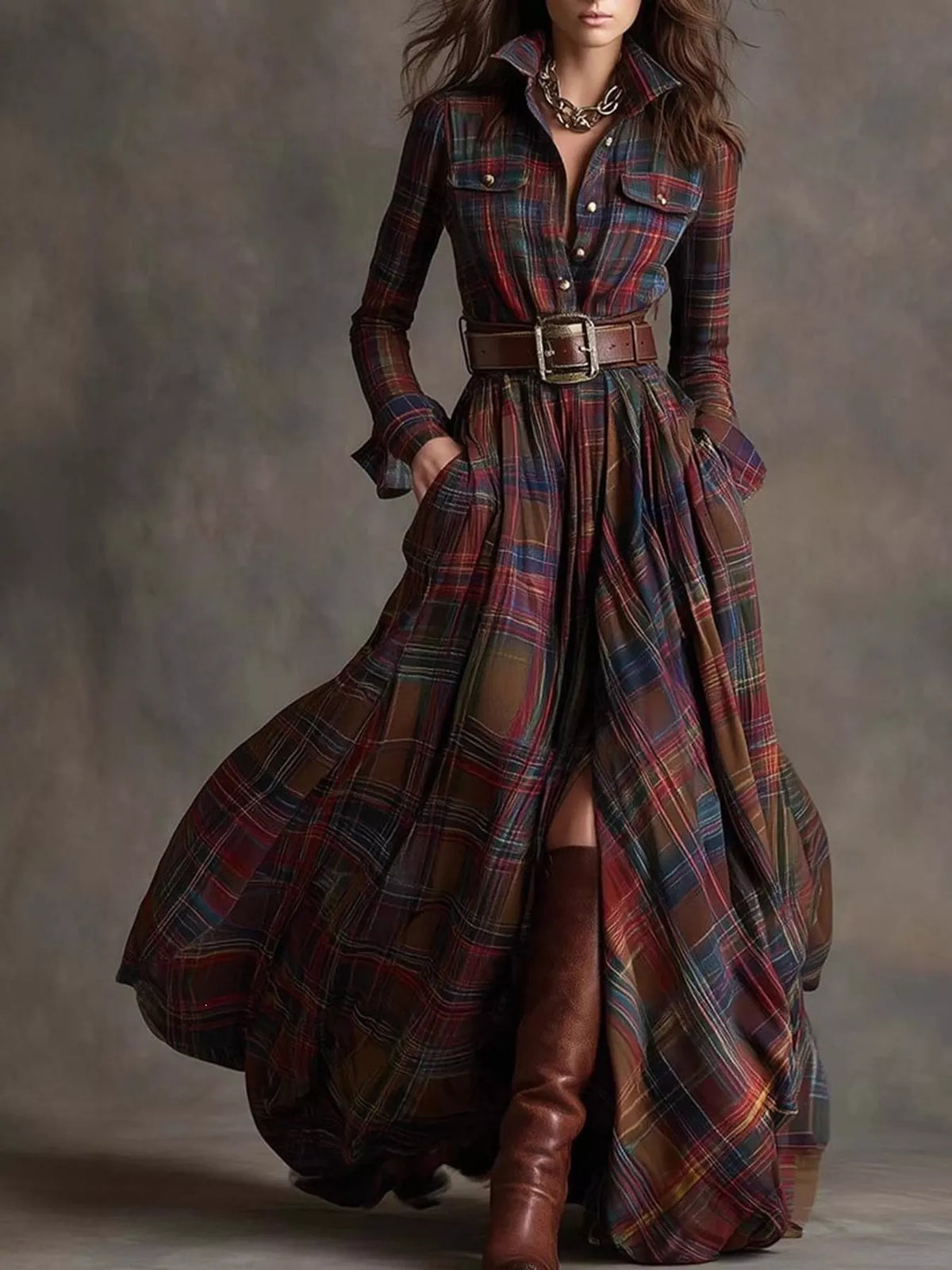 Vintage Plaid Button-Down Maxi Shirt Dress in multicolor