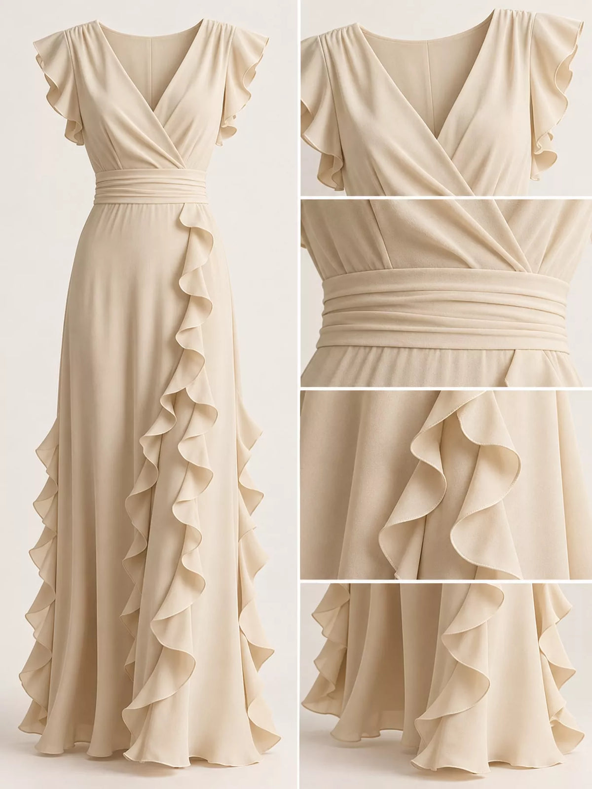 Cream ruffled surplice maxi dress, neckline and ruffle detail collage