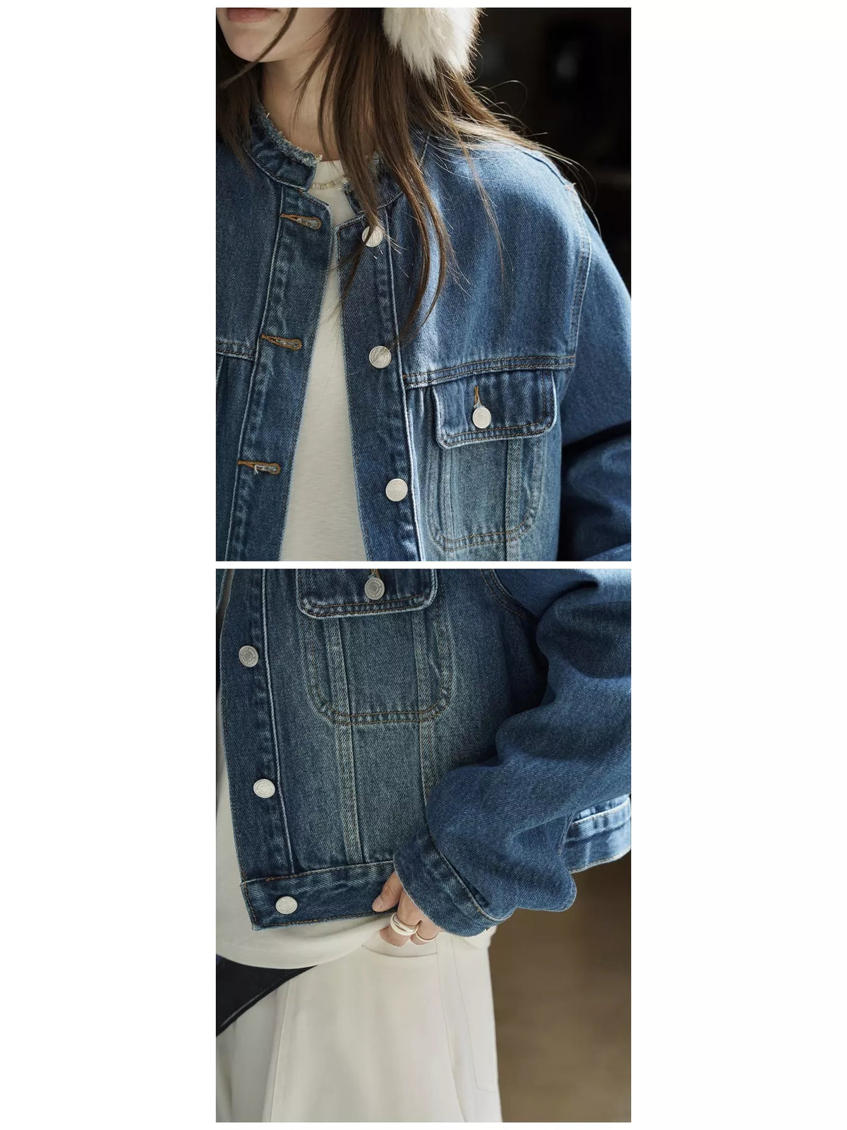 Blue button-up cropped denim jacket — design and construction details