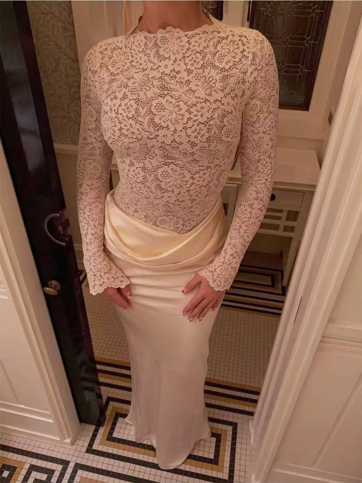 Cream lace and satin maxi dress