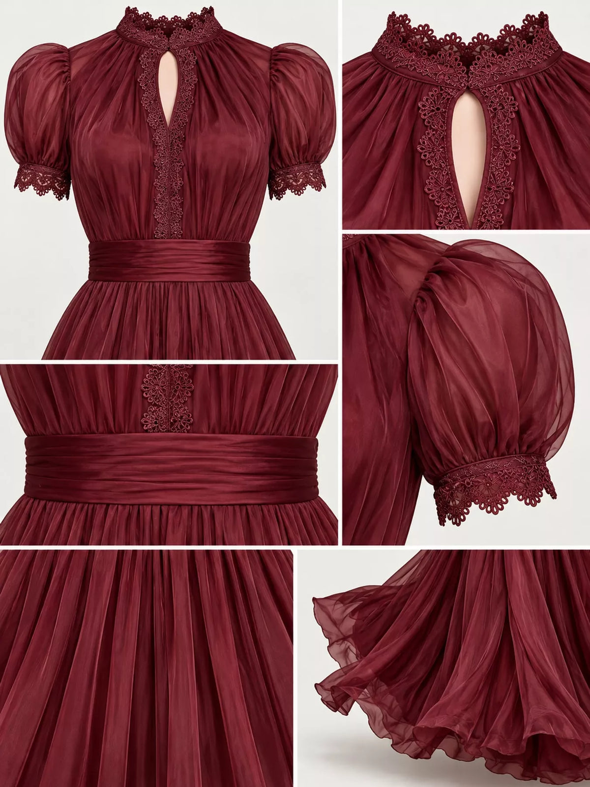 Lace Puff Sleeve Maxi Dress in burgundy, construction detail