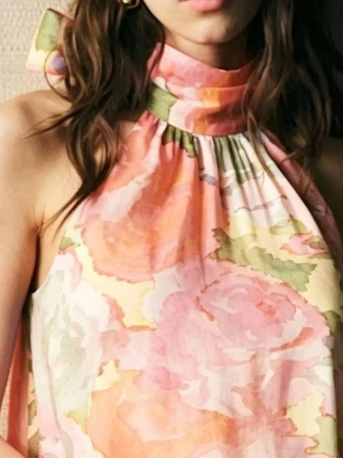 Apricot Floral Print Sleeveless Mini Dress with Bow neckline detail