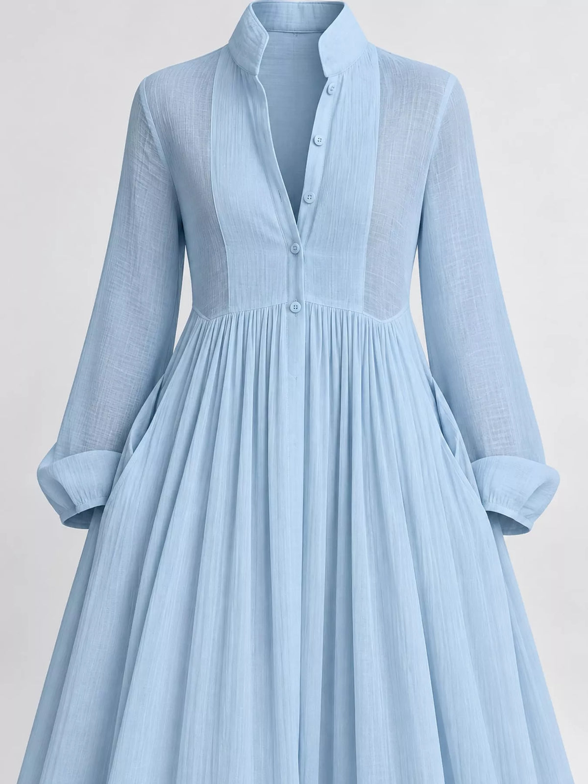 Light blue long sleeve button-front maxi dress, bodice detail