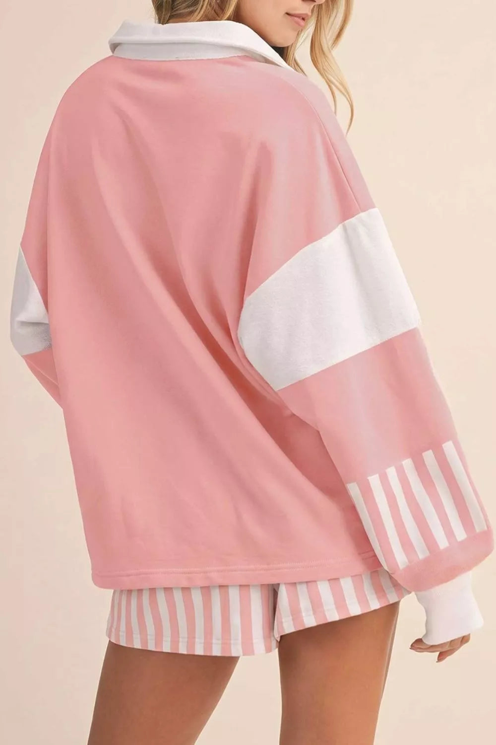 Trendsi Color Block Polo Shirt and Drawstring Striped Shorts Set -