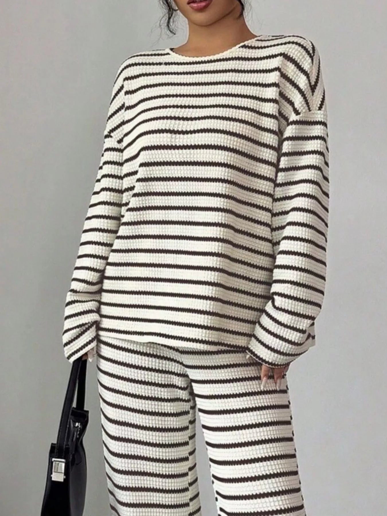 Trendsi Striped Knit Dropped Shoulder Top and Pants Set -