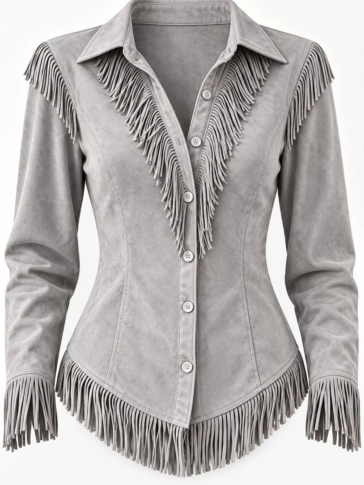 Fringe-detail shirt, gray fringe detail