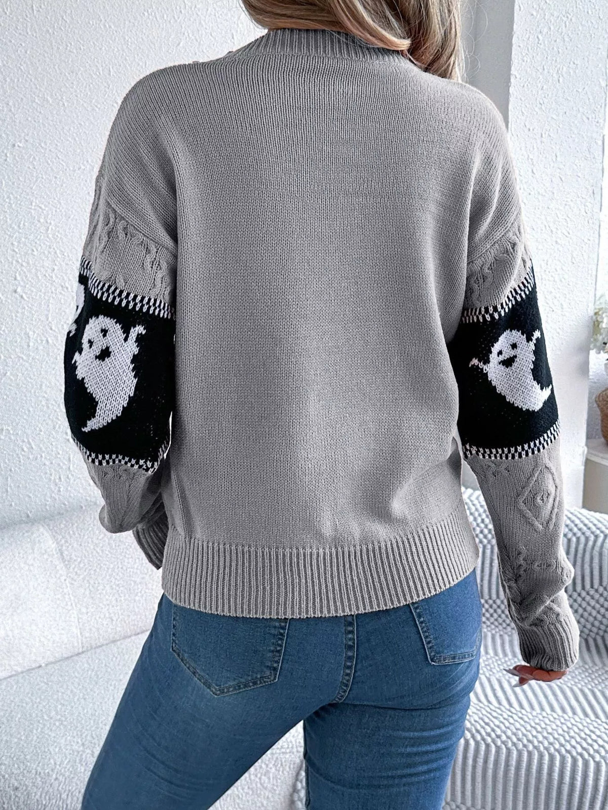 Halloween Ghost Pattern Textured Sweater in gray, back view