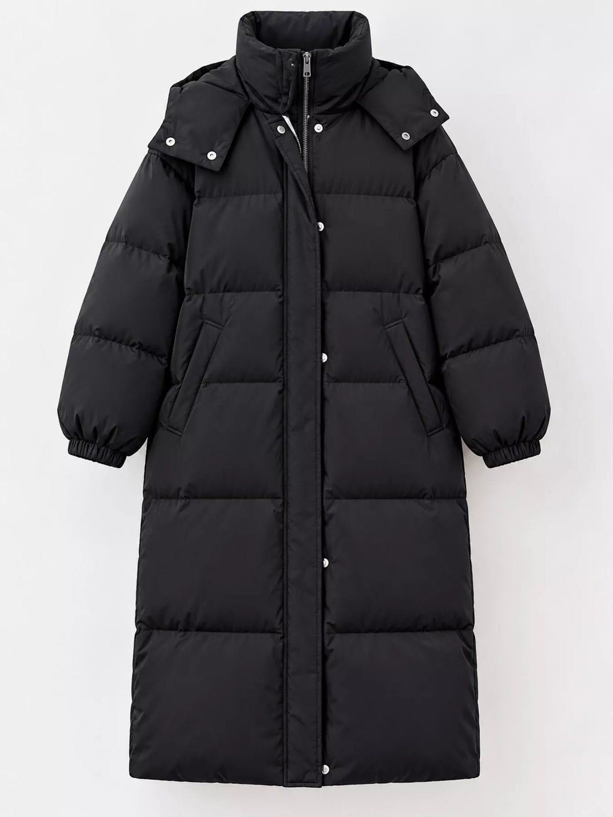 Longline puffer coat, black flat front