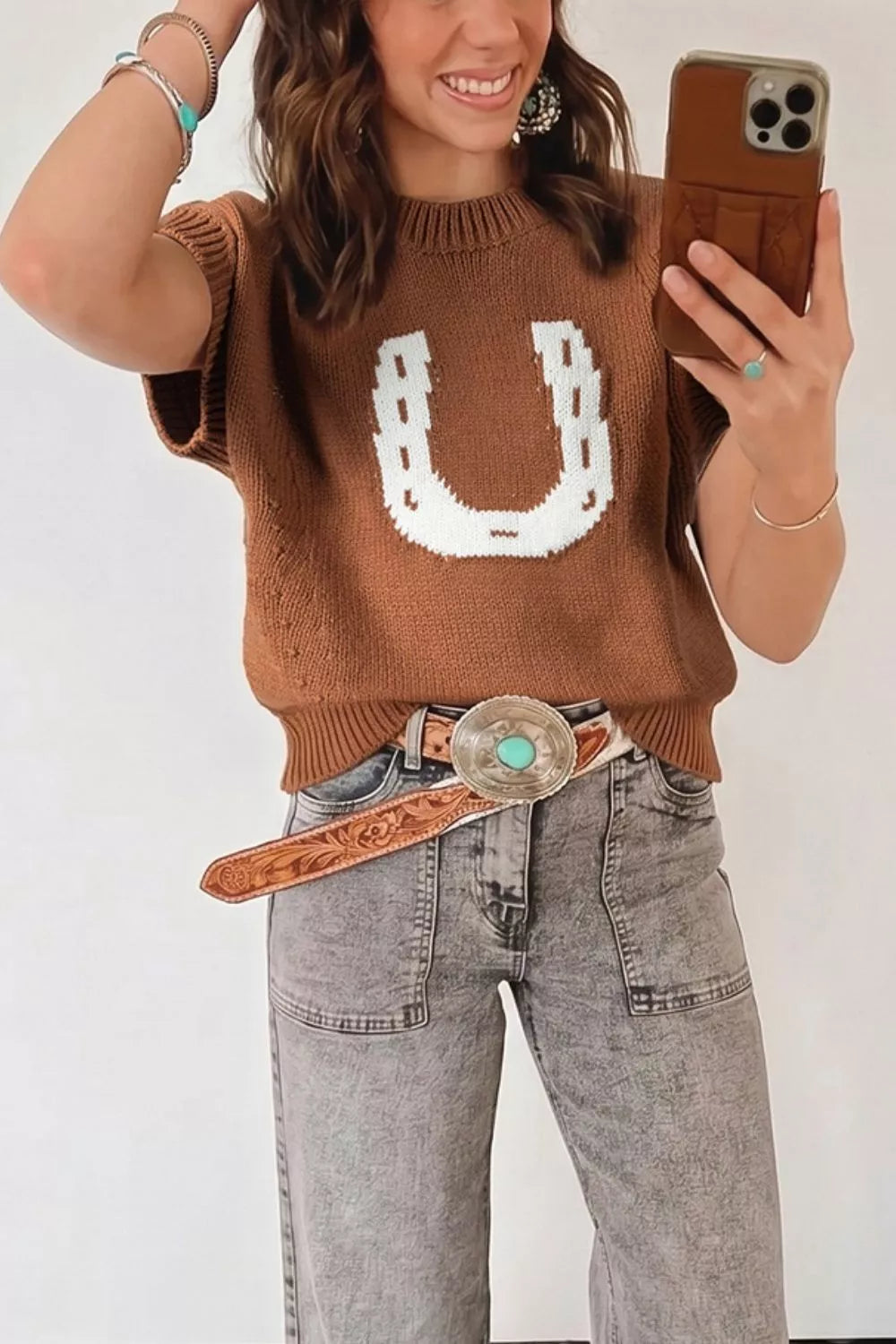 Trendsi Western Horseshoe Pattern Short Sleeve Knit Sweater -