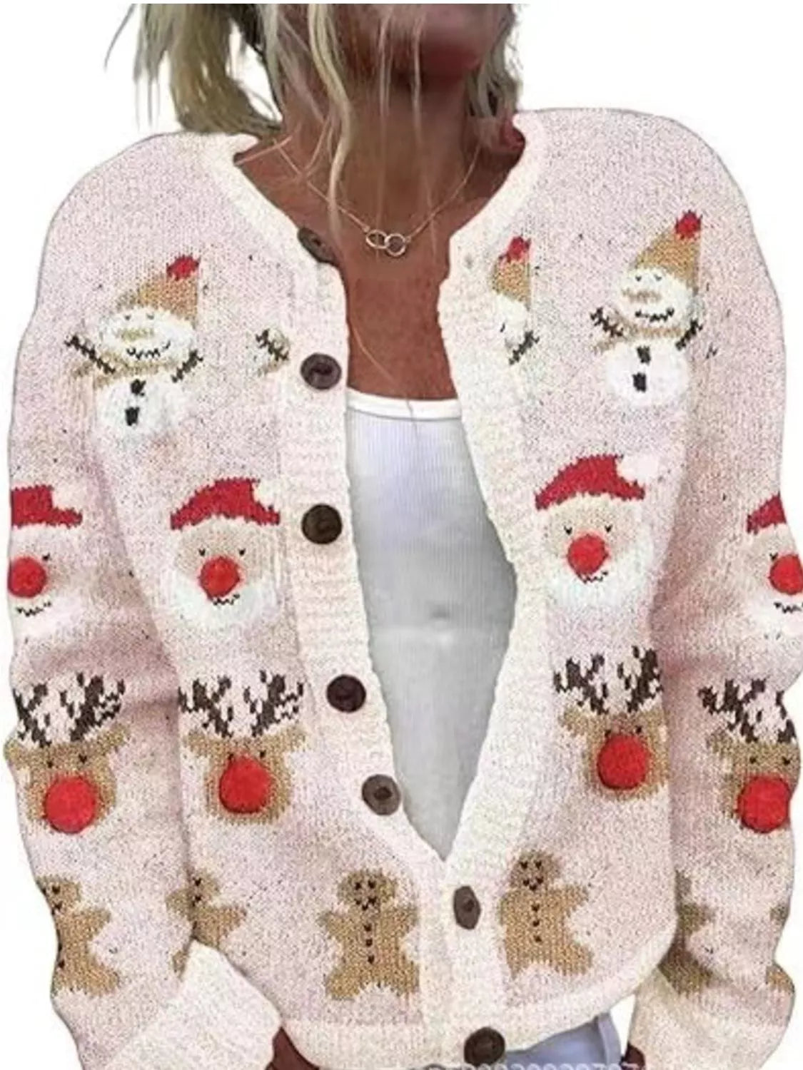 Christmas pattern button-down cardigan in pink, front view with mixed festive motifs
