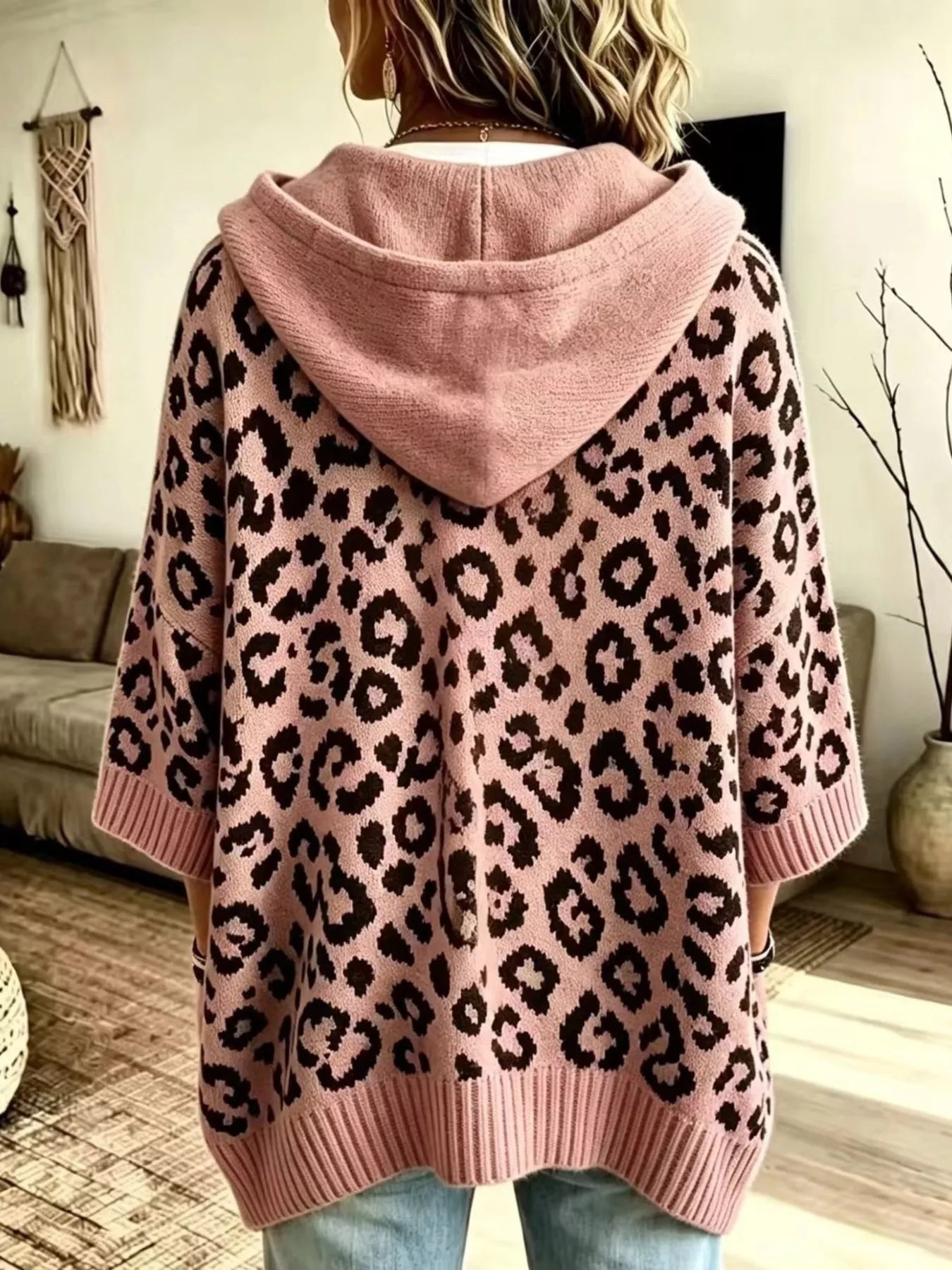 Trendsi Drawstring Leopard Hooded Sweater -