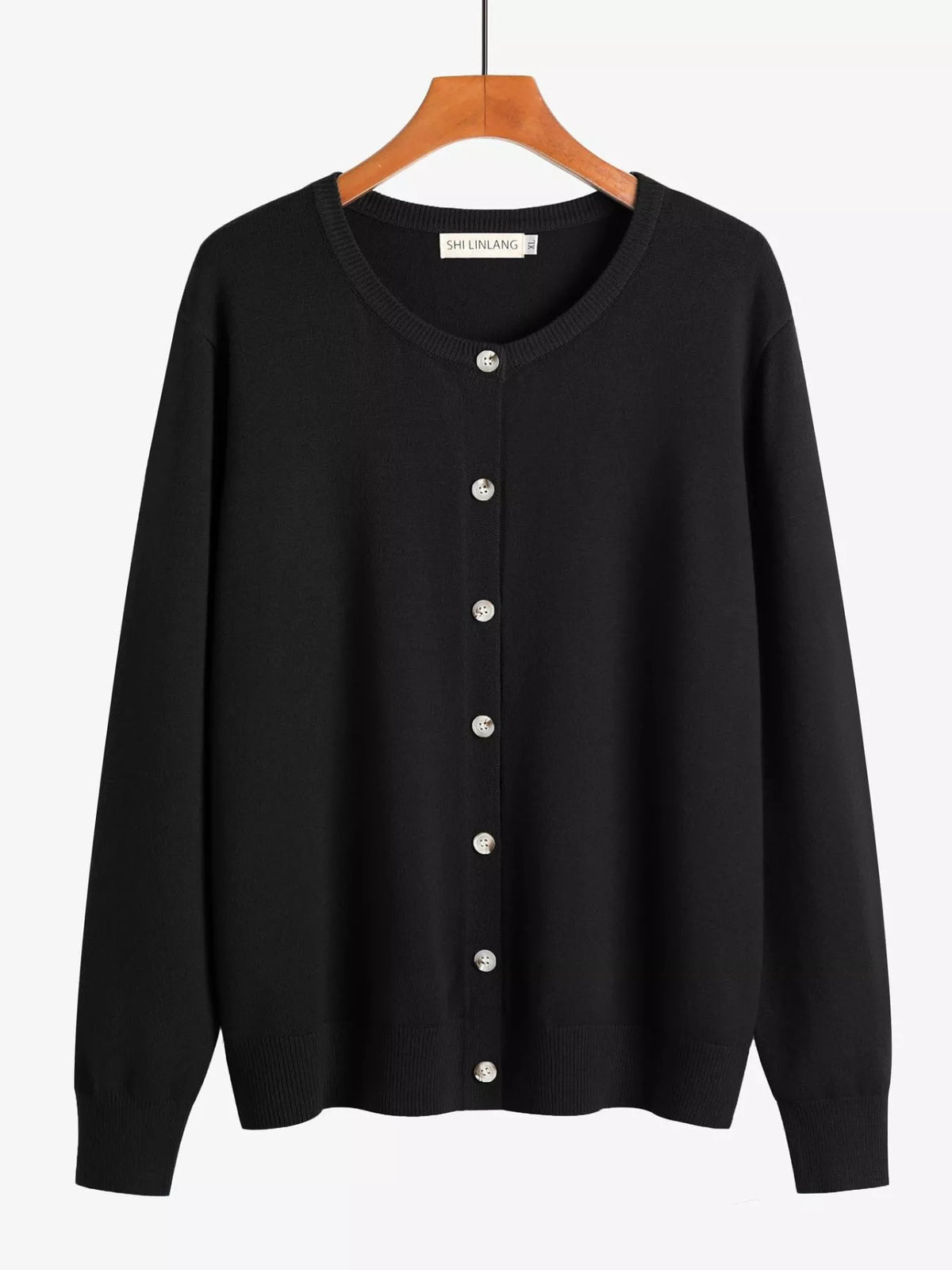 Black crew neck button down knit cardigan, front view