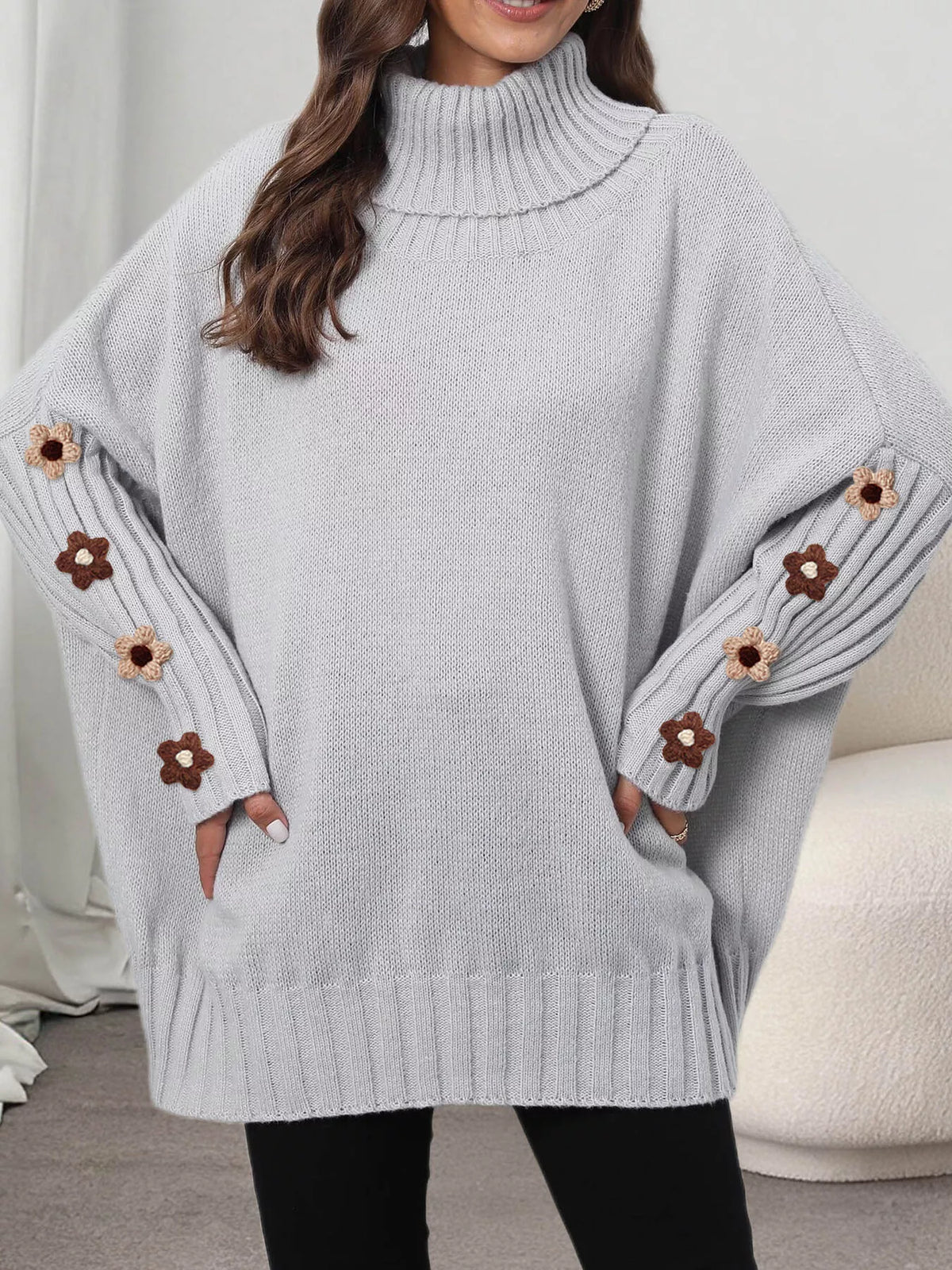 Gray oversized floral sleeve turtleneck sweater, front styled view
