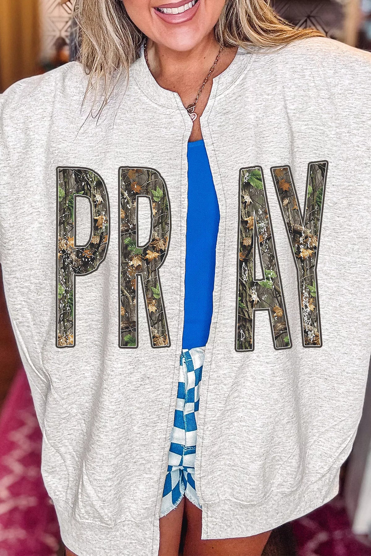 Women's Camo Print PRAY Letter Open Front Tunic Sweatshirt in Light Gray, detail view