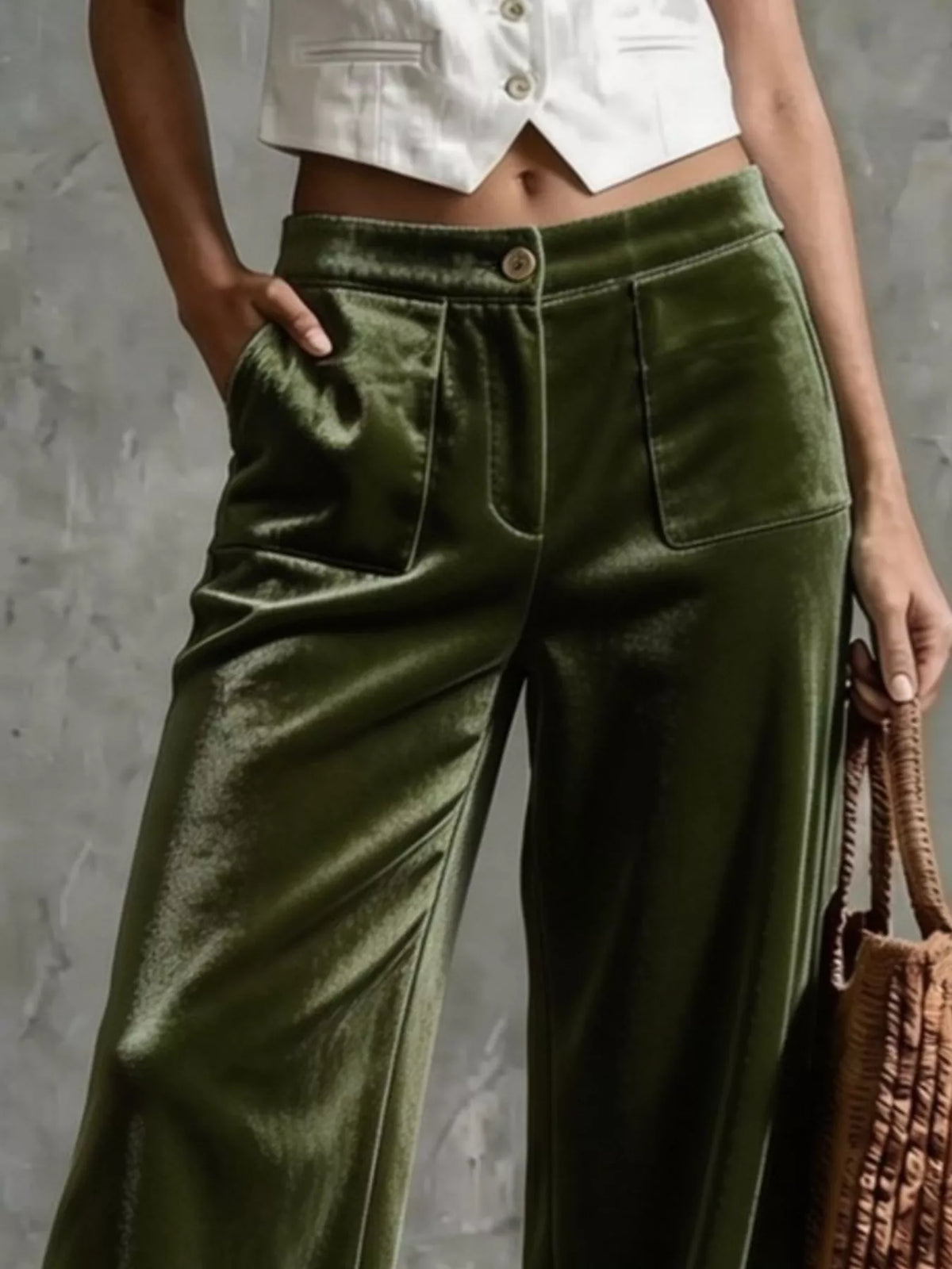 Women's Velvet Wide-Leg Pants in olive — waist detail view