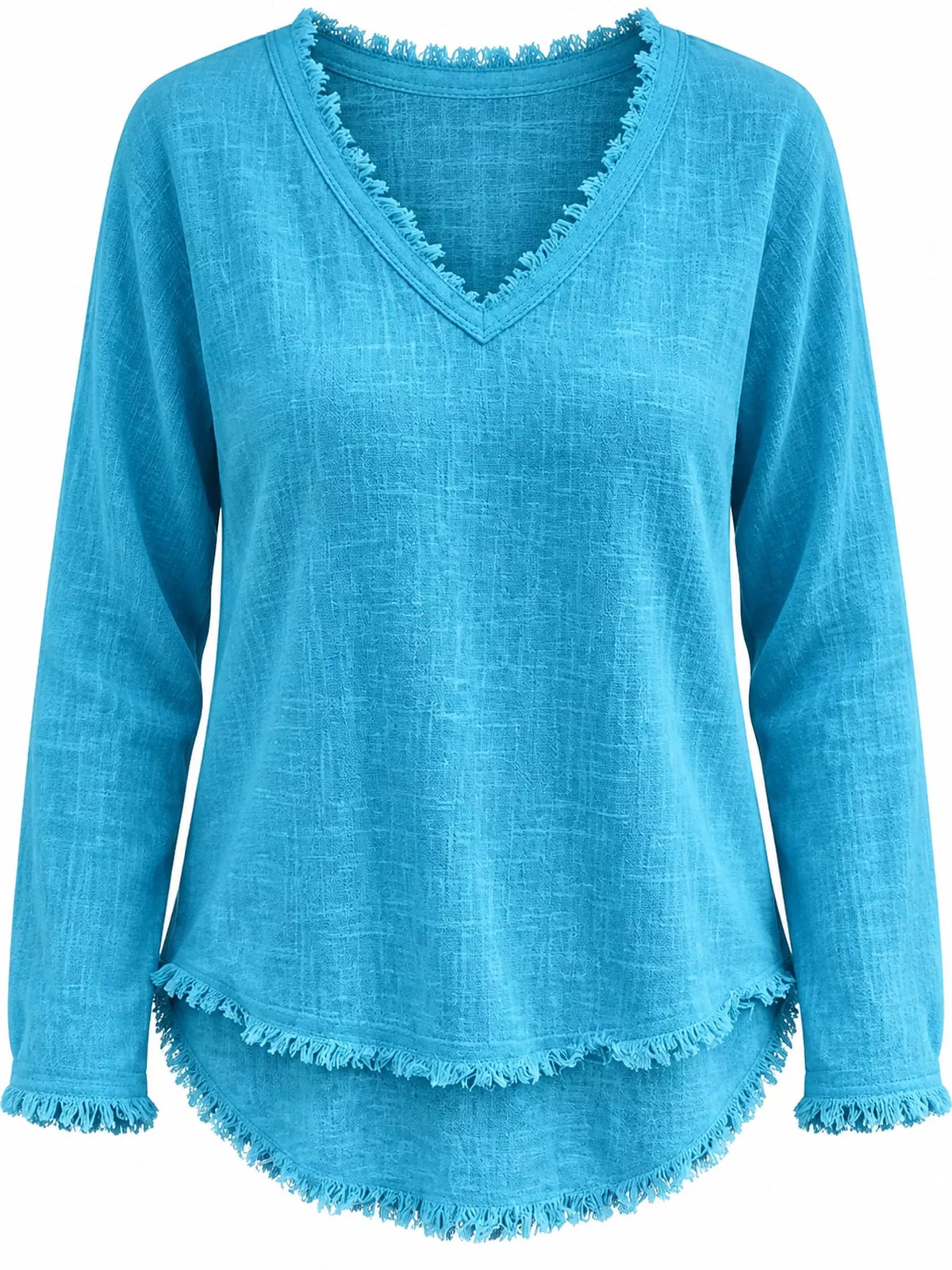 Frayed-hem blouse, turquoise front hem detail
