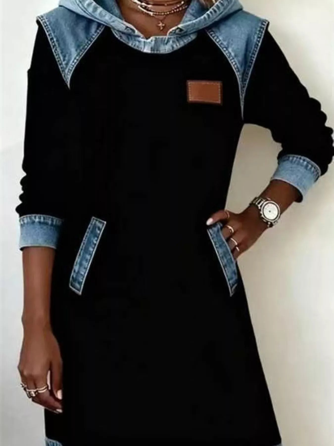 Trendsi Full Size Denim Patchwork Hooded Sweatshirt Dress Plus Size -